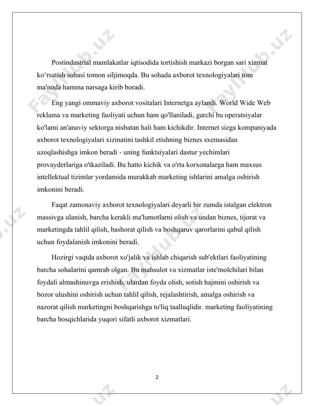 ajmini oshirish va bozor ulushini oshirish uchun tahlil qilish, rejalashtirish, amalga oshirish va nazorat qilish marketingni boshqarishga to'liq taalluqlidir. marketing faoliyatining barcha bosqichlarida yuqori sifatli axborot xizmatlari. bugungi kunda marketing xizmatlarining menejerlari va rahbarlari o'zlarining ish joylarida deyarli bir zumda ishlab chiqarilgan tovarlar va xizmatlar, ularning narxlari, tovarlarga bo'lgan talab va boshqalar haqida to'liq ma'lumot olishlari mumkin. muayyan ishlab chiqarish yoki bozor holatini tahlil qilish. 1. nazariy qism 1.1. marketing axboroti mahsulot va xizmatlarining nazariy asoslari tanlangan mavzuning dolzarbligi rossiya axborot mahsulotlari bozorida paydo bo'ladigan marketing faoliyatini avtomatlashtirish sohasidagi tayyor dasturiy echimlarga qiziqishning ortishi bilan bog'liq. ishning maqsadi marketingni avtomatlashtirish uchun dasturiy mahsulotlarni tahlil qilishdir. ushbu maqsadga erishish uchun, albatta, bir qator vazifalar mavjud: nazariy jihatlar bilan tanishing: marketing tushunchasi, maqsadi, vazifalari; marketing funktsiyalari va ular asosida yaratilgan marketologlar uchun tayyor dasturlar o'rtasida parallellik o'tkazish; marketingni avtomatlashtirish uchun tayyor dasturiy mahsulotlarni tahlil qilish; amaliy qismda “eng yaxshi marketing” dasturi bilan …