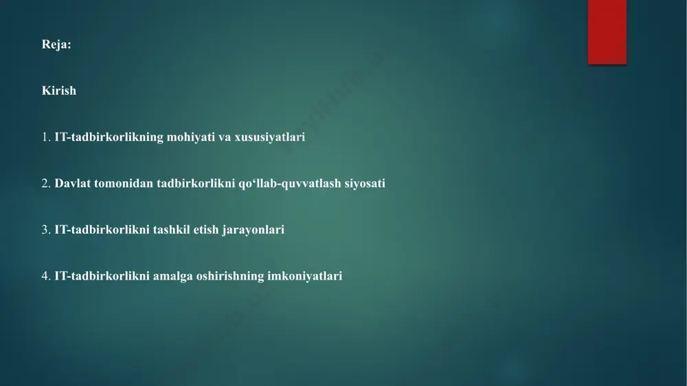 taji uchun uskunalar hamda dasturiy ta’minotni, san’at asarlarini sotib olish mumkin. maxsuslashtirilgan elektron magazinlaridan tashqari, tovarlarni keng assortimentini taklif etadigan savdo uylari ham mavjud (avtomobil ehtiyot qismlari, kompyuterlar va maishiy texnika, xo‘jalik tovarlari, qurilish materiallari, ofis mebeli, antikvariat va h. k.). internet yordamida shuningdek moliya, ishga yollash, turizm sohasida fond, rielterlik, kompyuter va boshqa bozorlarida ishlaydigan firmalarning turli xil xizmatlaridan foydalanish mumkin. misol tarikasida biz www.korzinka.uz oziq ovqat maxsulotlari uchun mo‘ljallangan elektron magazin, www.yarmarka.uz esa texnika maxsulotlarini sotib olish uchun mo‘ljallangan elektron magazinlarni aytib o‘tishimiz mumkin. o‘zbekistonda it tadbirkorlik hali internet orqali amalga oshiriladigan oldi-sotdi harakatlari hamda ishbilarmon bitimlarini imzolashning keng tarqalgan shakliga aylanganicha yo‘q. bugungi kunda o‘zbekiston it tadbirkorlik tizimi infratuzilmasi elementlarini ishlab chiqish va ulardan foydalanish borasida rivojlangan mamlakatlardan sezilarli darajada orqada qolmoqda. milliy iqtisodiyotning etarli darajada rivojlanmaganligi sababli o‘zbekiston jahonda yangi iqtisodiy tartibni shakllantirishda juda kam ishtirok etmoqda. uning asosini esa eng yangi axborot texnologiyalari, global telekommunikatsiya …