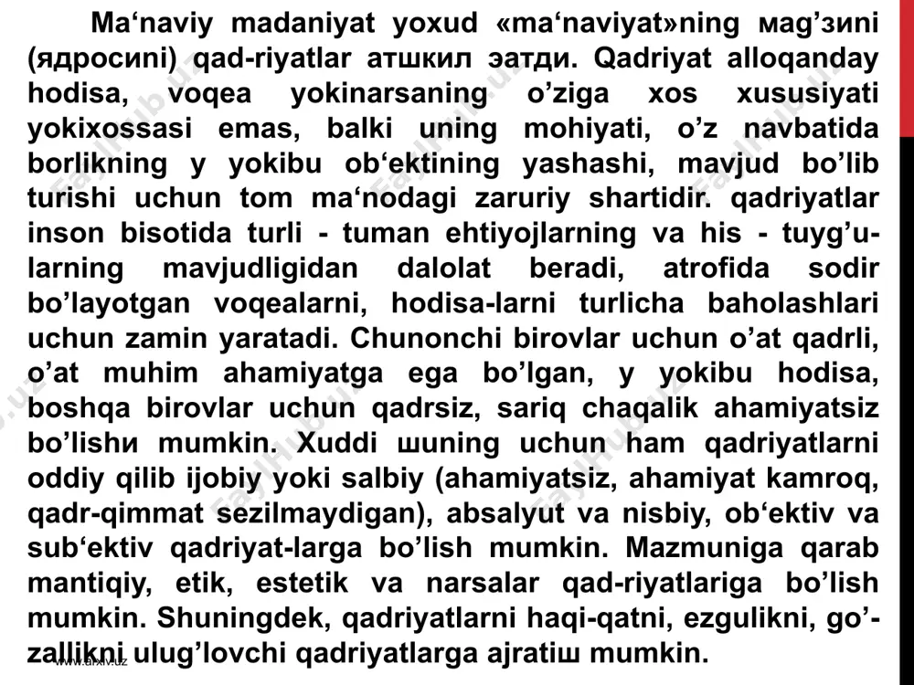 iyasi», 1948 yilning 10 dekabrida bmt bosh assambeliyasi atsdiqlagan «inson huquqlarining eng umumiy dekloratöiyasi» - inson haq - huquqlari va erkinliklarini himoya qilishga qaratilgan atrixiy hujjatlar edi. o’zbekiston davlat musatqilligiga erishishi bilan musatbid tuzum sharoitida oyoq osti qilingan inson haq - huquqlari va erkinliklarini tiklash, uni himoya qilishga kirishdi. insonning asosiy xuquqlari va erkinliklari o’zbekiston respublikasi asosiy qonuni – kons-tituöiyaning umumiy qoidalari va olti bobdan iborat ikkinchi bo’limida xuquqiy jihatdan musathkamlandi. shuningdek, demokratiya, barqarorlik, oshkoralik, tinchlik, hamkorlik kabi umuminsoniy qadlriyatlarning rivoj topishi uchun ham imkon yaratildi. www.arxiv.uz milliy va umuminsoniy qadriyatlarning uyg’unlashib borayotganligini, musatqillik yillarida o’zbekistonda vujudga kelgan - fuqarolarni tinch, totuv yashashga, barqarorlikka intilishida ham yaqqol ko’rish mumkin. endilikda tinchlik, millatlararo totuvlik, barqarorlik o’zbekistonda yashovchi barcha xalq-larni, millatlarni, elatlarning buyuk ijtimoiy-siyosiy qadriyatiga aylanmoqda. ja-hon öivilizaöiyasining atlablariga mos tushuvchi bunday qadriyatlarni shakllani-shida va rivojlanishida, kishilar turmush atrzida musathkam o’rnashib olishida mustaqillik yillarida mamlakatimizda amalga oshirilayotgan bir qator xayrli tad-birlar turtki …