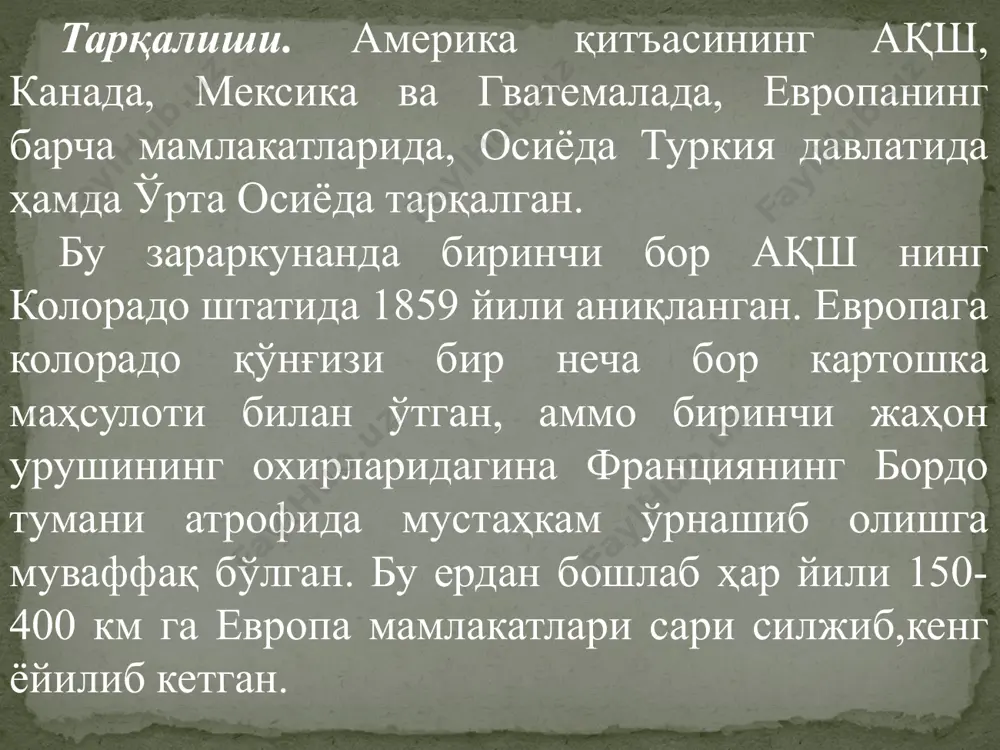 узага кетади. ёзнинг ўртасида қишлаб чиққан қўнғизларнинг деярли ярми ёзги уйқуга (1-10 кунга) кетади. бир ёки икки қишни ўтаб, шу билан бирга урчиб ривожланган қўнғизлар август-сентябрда учинчи марта қайта диапаузага кетиши мумкин. ва ниҳоят, бир қисм қўнғизлар тупроқда 2-3 йил мобайнида кўп йиллик диапаузани ўташи мумкин (супер пауза). диапаузага кетган қўнғизлар эгатларнинг ҳамма ерида бир текис жойлашавермайди. махсус тадқиқотлар шуни кўрсатдики, умумий сонининг 77% и ариқ ичида юмшоқ тупроқ остида 5-15 см чуқурликда жойлашар экан. буни кузда ҳосил йиғилган пайкалларда зарарканандани назорат қилишда инобатга олиш керак. зарари. колорадо қўнғизи – олигофаг, у фақат итузумгулдошлар оиласига мансуб ўсимлилар билан озиқланади. булар ичида картошка энг афзал озиқа ҳисобланади, кейинги ўринларда бақлажон ва помидор туради. шу билан бирга тамаки, бангидевона, мингдевона, итузум каби ўсимликларни ҳам еб ривожланади. личинка ва қўнғизи баргни еб шикастлайди. ҳар туп картошка ўсимлигида 20-40 дона личинка ва қўнғиз мавжудлигида барглар 50-100% нобуд бўлиши мумкин. бу эса хосилнинг 2-3 дан …