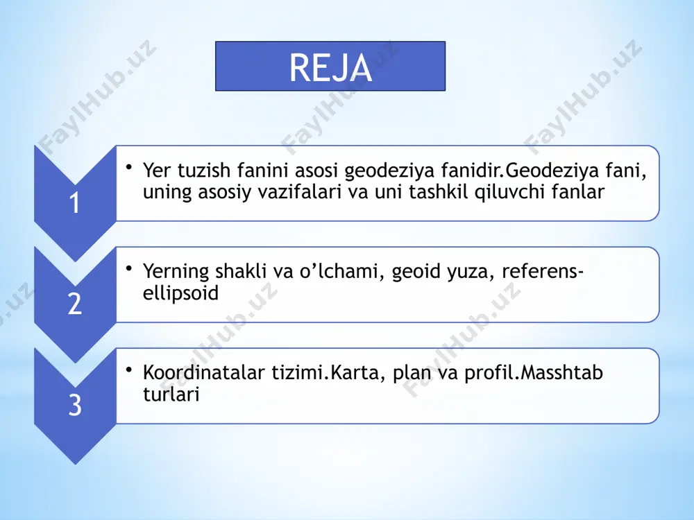 hosil bo‘lgan dumaloq shaklga geoid shakl (yer shakli) deyiladi. bunda shakl yuzasi sathiy yuza deyilib u hamma joyda shovun chiziqqa pyerpen-dikulyar bo‘lganidan uni matematik ifoda yordamida aniqlab bo‘lmaydi. shuning uchun yer sirti geoid-ellipsoid bilan almashtiriladi. geoid o‘rniga qabul qilangan ellipsoid yuzasi rr^ qutb o‘qi atrofida aylanishidan hosil bo‘ladi (1-rasm). hozirgi kunda 1946 yilda n.p. krasovskiy tamonidan qabul qilingan ellipsoidning katta yarim o‘qi a=63782/15 m; kichik yarim o‘qi =6356863 m va siqilishi o‘qga v/a=1 /298,3 tengdir. bu siqilishi oz bo‘lgani uchun yer shakli radiusi k= 6371,1 km bo‘lgan shar deb olinadi. yer yuzining katta qismini tekislikda ya’ni kartada tasvirlash uchun matematik hisoblashlardan foydalaniladi. ер тузишда бажариладагин съёмкаларнинг оддий усуллари. turgan joyimizni gorizont tomonlari (shimol, janub, sharq va g‘arb) yoki maxalliy tafsilotlar yordamida aniqlashga yoki chiziq yo‘nalishini asosiy (boshlangich) yo‘nalishga nisbatan aniqlash chiziqni orientirlash deyiladi. geodeziyada chiziqlar yo‘nalishi xaqiqiy meridian zonaning o‘q meridiani yoki magnit meridianiga nisbatan aniqlanadi. azimut burchak chiziqlar yo‘nalishi …