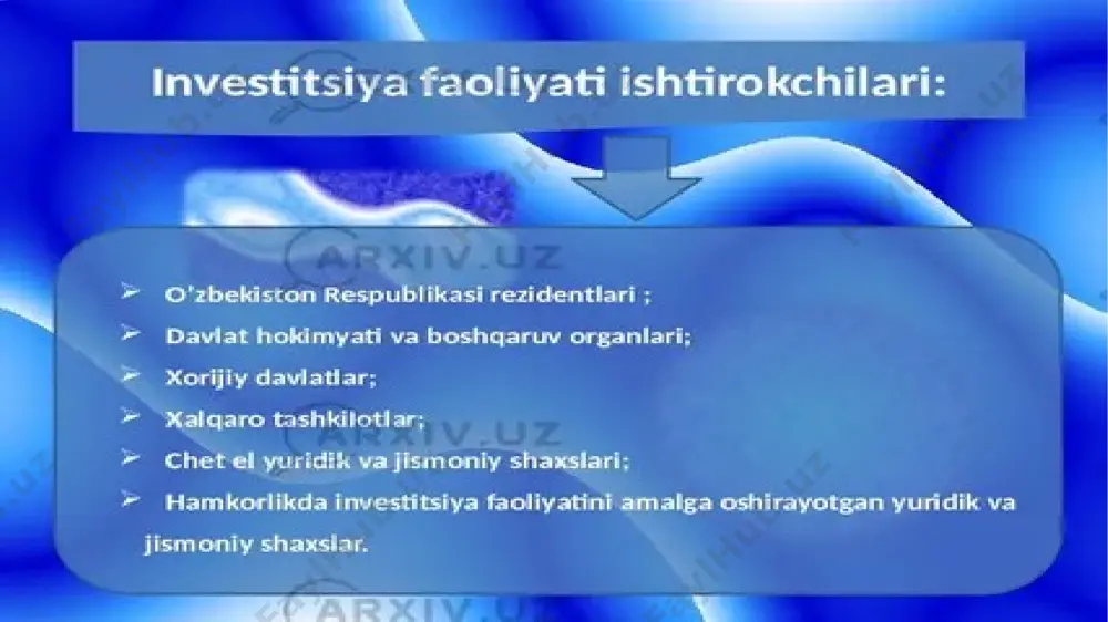 ganligidir. xuddi shu shakllar xorijiy bo’lishi mumkin va bir nechta davlatlarning investitsiyalari qo’shma deb ataladi. investitsiyalarning alohida turi mavjud – annuitet, undan daromad bir xil vaqt oralig’ida rejalashtirilgan. masalan, sug’urta va pensiya jamg’armalari. ushbu tasniflarning aksariyati investitsiya portfellarini ko’rib chiqishda terminologiya va xususiyatlar uchun qo’llaniladi – turli xil iqtisodiy sohalarni yoki biznes sohalarini qamrab oluvchi investor vositalari va investitsiyalar turlari to’plami. investitsiyalar shakllari mavjud shakllar investitsiya turlarining har xil ifodasidir. masalan, ular investitsiyalarning manfaatlari va motivlarini aks ettiradi: tovar shakllari ijtimoiy va boshqa jihatlari bo’lmagan maksimal foyda olish uchun depozitlar hisoblanadi. ijtimoiy investitsiyalar notijorat hisoblanadi. bog’langan investitsiyalar investorlarning strategik maqsadlarini ko’zlaydi. investitsion kapitalning moddiy shakllari ham tasniflanadi: bank depozitlari va qimmatli qog’ozlarda shaklning pul ifodasi. moddiy shakllarga ko’chmas va ko’char aktivlar turlari kiradi. mulk va intellektual huquqlarning shakllari: mualliflikning intellektual huquqlari, nou-xau, patent huquqlari. tabiiy resurslardan foydalanish huquqi – suv, yer, gaz va neft, foydali qazilmalar. davlat investitsiyalarining quyidagi shakllari …