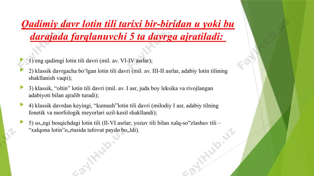 mpanum] (yun. ηπκπαλνλ) nog„ora; gyrus [girus] (yun. γπξνο) pushta. diftonglar diftong – ikkita turli unli harflarning bitta tovush sifatida talaffuz etilishi. lotin tilida 6 diftong bor: au – au – auris – [auris] – quloq eu – eu – pneumonia – [pneumoniya] – pnevmoniya ae – e – gangraena – [gangrena] – gangrena oe – e – oedema – [edema] – shish agar [e] harfi ustida ikki nuqta qo„yilgan bo„lsa, u holda harflar o„zining alohida tovushni ifoda etadi: aë– ae – aër – [aer] – havo oë – oe – aloe – [aloe] – aloe undosh harflar talaffuzining o‘ziga xosligi sc harfi a, o, u unlilar oldida, barcha undosh harflari oldida, so„z oxirida [k] kabi o„qiladi, mas.: caput – [kaput] – bosh costa – [kosta] – qovurg„a cutis – [kutis] – teri cranium – [kranium] – kalla lac – [lyak] – sut sc harfi e, i, u unlilari oldida va …