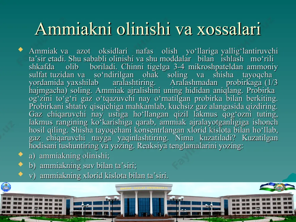 haa kristallaridan quying va ohista qizdiring (mо‘rili shkafda oynasi tushirilgan xolda) reaksiya tenglamasini yozing. ammoniy tuzlarining qizdirilganda har xil xarakterda parchalanishi nima bilan tushintiriladi. ammoniyning qaysi tuzlari sublimatsiyalanadi? foydalanilgan tuzlar haqiqatda ammoniy tuzlari ekanligi tajribada kanday isbotlanadi? (tajribalar mо‘rili shkafda bajariladi) azot (i) oksidi rasmdagidek asbob yig‘ing probirkaga 1-2 g ammoniy nitrat kristallaridan soling va ohista |qizdiring ajralib chikayotgan gazni 2 ta bankachaga suv ustida yig‘ing. bankalarning biriga temir koshiqchada yonayotgan qizil fosforni tushiring, ikknichisiga chо‘g‘langan chup tushiring. nima sodir bо‘ladi? kisloroddan azot (i) oksidini qanday farq qilish mumkni? azot (ii) oksid va azot (iv) oksidlarining olinishi va ularning xossalarini tekshirish. kichkina kristallizator yoki chinni kogachaga suv quying. probirkani suv bilan tо‘ldirib, og‘zini barmog‘ingiz bilan berkitib, kristallizatordagi suvga tо‘nkaring. gaz о‘tkazgich nay о‘rnatilgan mikrokolbachaga bir necha bо‘lak mis qirindisidan soling va 1-2 ml suyultirilgan nitrat kislotasi (r=1,12g/gm'3) quying. kolbachani, shtativga tik holda mahkamlang, agar reaksiya yetarlicha kuchli bо‘lmasa kuchgiz gaz …