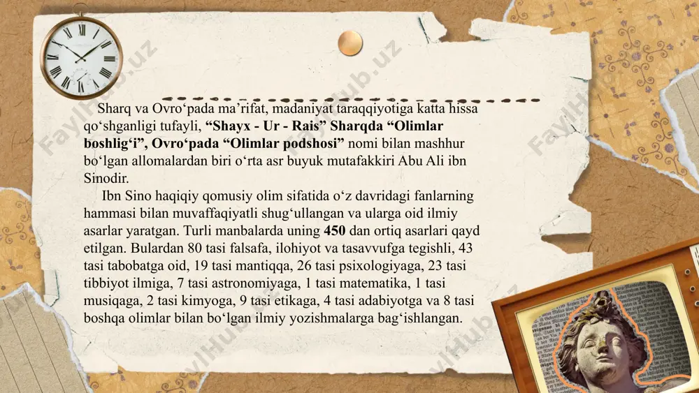 a olim aqliy ilmlarni hikmat — falsafa ilmlari deb olib, ularni nazariy va amaliy qismlarga boʻldi. nazariy ilmlar haqiqatni bilishga, amaliy ilmlar yaxshi ishlarni bajarishga qaratilgan. nazariy falsafa 3 ga boʻlinadi: quyi darajadagi ilm, yaʼni tabiatshunoslik (tib, kimyo, astrologiya va boshqalar); o‘rta darajadagi ilm — mat. (geometriya, arifmetika, astronomiya, musiqa); oliy darajadagi ilm — metafizika (ilohiyot). amaliy falsafa ham uch guruh (axloq, iqtisod va siyosat) ga boʻlinib, birinchisida bitta shaxs, uning feʼl-atvori qanday boʻlishi haqida; ... t.me/slaydai_bot bilim olishda bolalarni maktabda o‘qitish zarurligini qayd etar ekan, ta’limda quyidagi tomonlarga rioya etish zarurligini ta’kidlaydi: - bolaga bilim berishda birdaniga kitobga band qilib qo‘ymaslik; - ta’ limda yengildan og‘irga borish orqali bilim berish; - olib boriladigan mashqlar bolalar yoshiga mos bo‘lishi; - o‘qitishda jamoa bo‘lib maktabda o‘qitishga e’tibor berish; - bilim berishda bolaning mayli, qiziqishi va qobiliyatini hisobga olish; - o‘qitishni jismoniy mashqlar bilan qo‘shib olib borish. yuqoridagi masalalarga o‘zining “tadbiri manzil” …