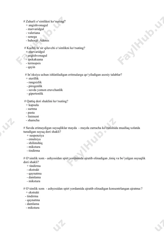 ansbukkal - arteriya orqali # dori vositalarini og‘iz orqali qabul qilishga oid belgi?: + rezorbtiv ta’sir - dori til ostiga qo‘yiladi - transbukkal - dori vositalarini organizmga kiritishda ularning jigardan ikkilamchi o‘tishini hisobga olinmaydi # dori vositalarini transbukkal kiritishga xos bo`lmagan belgi? + dori vositalari rektal shamchalar ko‘rinishida - dori vositasi og‘iz bo‘shlig‘iga qo‘yiladi - to‘liq erib, yo‘qolib ketguniga qadar shimiladi - og‘iz bo‘shlig‘i va halqum kasalliklariga mahalliy ta’sir # dori vositalarini kiritishning rektal kiritishga xos bo`lmagan belgi? + to‘g‘ri ichak shilliq qavati past so‘ruvchan - dori vositalari rektal shamchalar ko‘rinishida - dorivor ho‘qnalar shaklida - shilimshiq bilan birga tavsiya qilinadi # dori moddalarining so‘rilishi - bu:? + dori moddaning qon yoki limfa oqimiga tushishi - yengillashtirilgan diffuziya - hujayra qobig‘ining invaginasiyasi - aktiv transport # pinotsitozga xos bo`lmagan belgi:? + yengillashtirilgan diffuziya - sitoplazma orqali qarama - qarshi tomonga harakatlanadi - ekzotsitoz orqali pufakcha ichdagi molekulalarni tashqariga chiqarib tashlaydi …