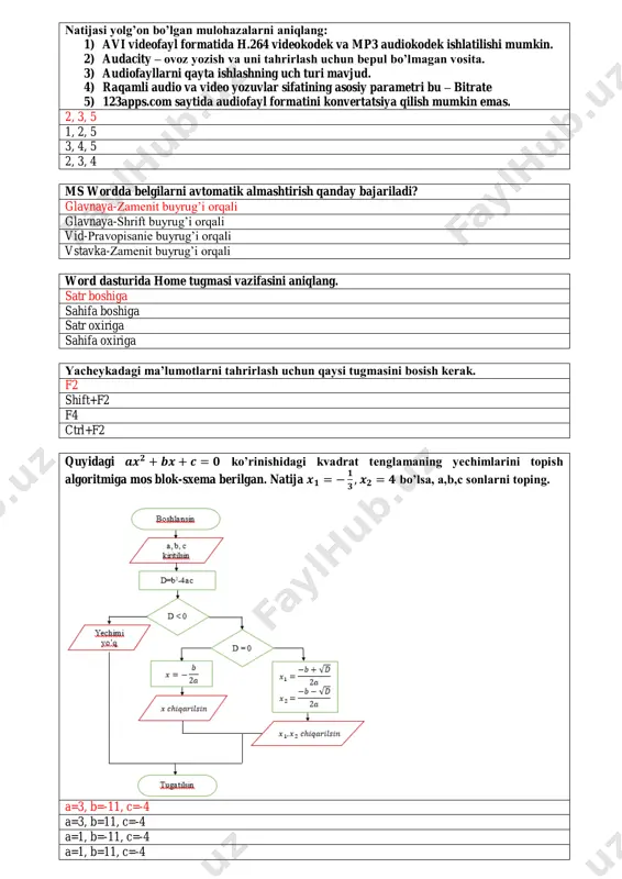 t tashuvchida joylashgan - *.doc – kengaytmali faylga sichqoncha chap tugmasi bilan ikki marta bosilsa qanday jarayon sodir bo’ladi. microsoft word dasturi ishga tushiriladi va unga tanlangan hujjat yuklanadi microsoft powerpoint dasturi ishga tushiriladi va unga tanlangan hujjat yuklanadi microsoft excel dasturi ishga tushiriladi va unga tanlangan hujjat yuklanadi microsoft wordpad dasturi ishga tushiriladi va unga tanlangan hujjat yuklanadi ali aytdi: “ikkilik sanoq sistemasida ketma-ket kelgan 4 ta natural sonnning yig’indisini 11(2) ga bo’lganda natural son hosil bo’ladi”, vali aytdi: “uchlik sanoq sistemasida ketma-ket kelgan 6 ta natural sonning yig’indisini 10(3) ga bo’lganda natural son hosil bo’ladi”. ularning mulohazalarini mantiqiy natijasini aniqlang. qavslar ichida sanoq sistemasi asosi berilgan. ali=rost, vali=rost ali=rost, vali=yolg’on ali= yolg’on, vali= yolg’on ali= yolg’on, vali=rost ms excel dasturida a1 da -4, a2 da 0 yozilib, ikkita katakcha belgilanib, o’ng quyi burchagidan avtoto’ldirish orqali a8 katakgacha tortildi. ushbu formula natijasini aniqlang. =срзнач(a1:a8)-2 8 12 15 7 quyidagi …