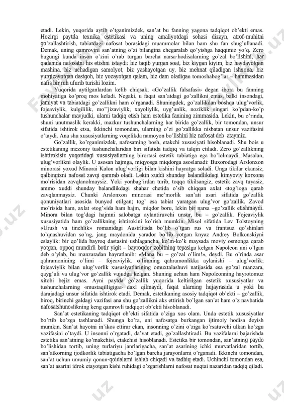hegel esa o’z ma’ruzalarining kirish qismida yozadi: «estetika» degan nom muvaffaqiyatsiz chiqqani va yuzaki ekani sababli boshqa atama qo’llashga urinishlar bo’ldi. so’zning o’z-o’zicha bizni qiziqtirmasligini nazarda tutib, biz «estetika» nomini saqlab qolishga tayyormiz, buning ustiga, u odatiy nutqqa singishib ketgan. shunga qaramay, mazkur fan mazmuniga javob beradigan ibora, bu – “nafosat falsafasi», «san’at falsafasi» yoki yana ham aniqroq qilib aytganda – «badiiy ijod falsafasi»1. hegelning «estetika» atamasidan ko’ngli to’lmaganligiga jiddiy sabablar bor. bulardan biri – yuqorida uning o’zi aytib o’tgan fikrlari bo’lsa, ikkinchisi – mazkur so’zning barcha his- tuyg’ularga taalluqliligi. vaholanki, bu fan faqat nafosatli his tuyg’ular va ularning ziddini nazarda tutadi. ayniqsa, mana shu ikkinchi sababga ko’ra, «estetika» atamasining talabga javob berishi shubhali. buning ustiga allaqachon mazkur fan tadqiqot doirasi san’at hududidan chiqib, inson hayotining deyarli barcha sohalariga yoyilib ketgan. shu bois «nafosatshunoslik» atamasi ham ilmiy muomalaga kiritildi. zero mazkur atamaga asos bo’lgan «nafis», «nafislik», «nafosat» so’zlari o’z qamrovi …