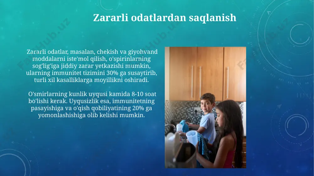 italari bilan yuzlarini yuvish va muntazam ravishda terisini tozalash kerak. soch gigienasi сочларни қуритишда фендан фойдаланишдан сақланиш, ёки паст ҳароратда ва масофадан қуритиш, сочларнинг зарарланишини 30% га камайтиради. соч гигиенасида ҳафтасига камида 2-3 марта ювиш тавсия этилади, бу ёшга ва соч турига боғлиқ бўлиб, терининг табиий ёрдами билан ҳимоя қатлами бузилмаслигига эътибор бериш керак. oyoq kiyimlari gigienasi bolalar oyoq kiyimlarini muntazam ravishda, tercihen har hafta yuvib turish kerak, 40-60°c haroratda yuvish tavsiya etiladi. paypoqlar tabiiy materiallardan, masalan, paxtadan tayyorlangan bo'lishi kerak, chunki sintetik materiallar terning bug'lanishini qiyinlashtiradi va qo'ziqorin infeksiyalariga olib kelishi mumkin. qo'l gigienasi tirnoqlar ostidagi bakteriyalarni olib tashlash uchun tirnoqlarni qisqa va toza saqlash, qo'l gigienasi rejimining muhim tarkibiy qismidir. qo'llardagi bakteriyalar sonini kamaytirish uchun antibakterial sovundan foydalanish tavsiya etiladi, lekin muntazam qo'l yuvishning o'zi ham 90% dan ortiq bakteriyalarni yo'q qiladi. jismoniy faollik va dam olish dam olish vaqti, shu jumladan, o'yin va ijtimoiy faoliyatlar, bolaning ruhiy …