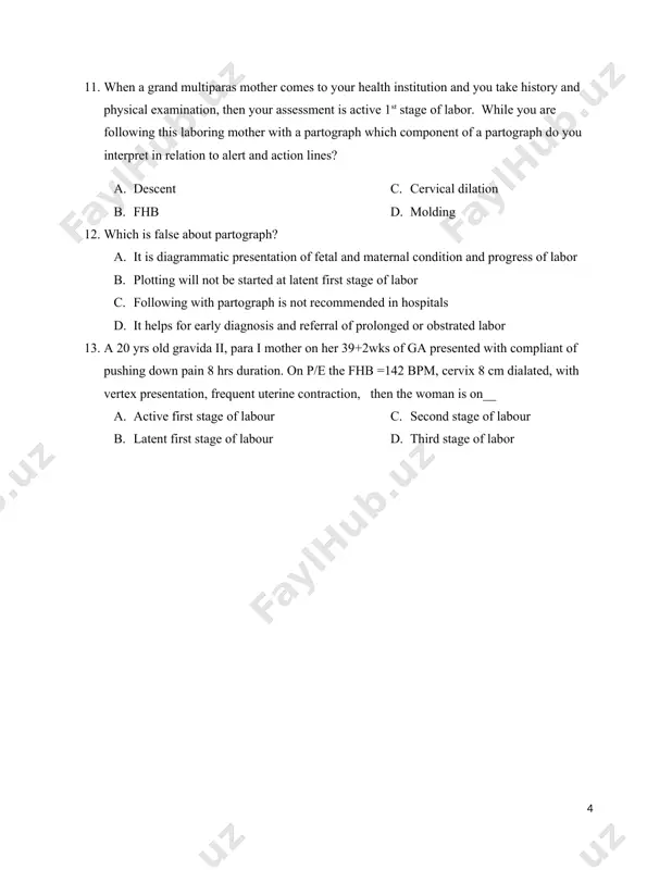 for 1 to 2 hours then return to check her cervix e. admit and follow with partograph 17. a mother comes to your hospital with pushing down pain; you assess her and put your diagnosis in relation with fetal condition, maternal condition, and progress of labour. fetal condition highly determined using? a. color of amniotic fluid c. cervical dilation b. descent d. uterine contraction 18. monitoring contractions is very important during labor. to monitor uterine contractions, what should the midwife do? a. observe for the client’s facial expression to know that the contraction has started or stopped. b. instruct the client take note of the duration of her contractions. c. offer ice chips to the woman. d. spread the fingers lightly over the fundus to monitor the contraction 19. a 22 years old unmarried lady came to your clinic with the complaint of loss of appetite, nausea and vomiting for …