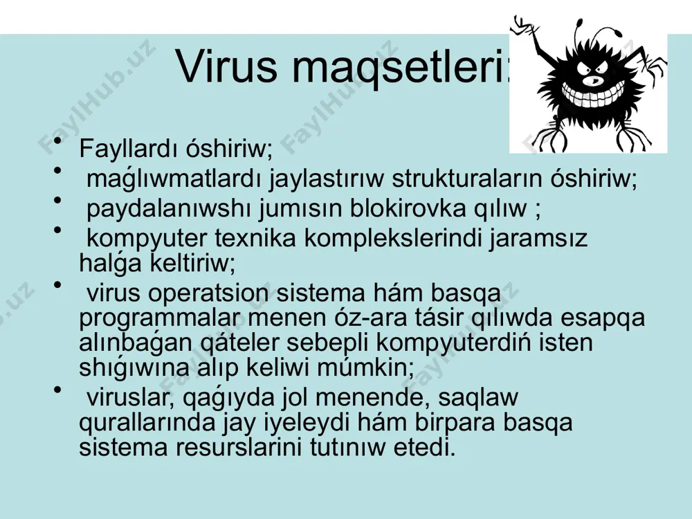 rogrammaları tárepinen tekserilmegen fayllardı jumısqa túsiriw usınıs etilmeydi. 1999 jılda win95. cih fayl virusınıń epidemiyası baslandı, 26 aprel aktivlestirilgenligi sebepli " chernobil" dep atalǵan. virus qattı disktaǵı maǵlıwmatlardı joq etdi hám bios quramın óshirip tasladı. образец текста второй уровень третий уровень четвертый уровень пятый уровень makroviruslar makro viruslar ofis qosımshalarında jaratılǵan hújjetlerdi juqtırıw. - bul hújjetke jaylastırılǵan visual basic for applications ( vba ) programmalastırıw tilindegi makrolar. makroviruslarga qarsı profilaktikalıq qorǵaw virustı jumısqa túsiriwdi aldın alıwdan ibarat (makrostı júklewdi qadaǵan etiw). 1995 jılda microsoft word tekst protsessori ushın birinshi " konsept " so'l virusı epidemiyası baslandı. kontseptsiya makrovirusi ele da keń tarqalǵan. образец текста второй уровень третий уровень четвертый уровень пятый уровень script viruslari skript virusları - aktiv elementler (programmalar ) tillerde javascript yamasa veb -bet fayllarında bolıwı múmkin bolǵan vbscript faylları. jergilikli kompyuterdiń infektsiyası olar internet-serverlerden jergilikli kompyuterdiń brauzerine world wide web arqalı uzatılǵanda júz boladı. skript viruslarınan profilaktikalıq …