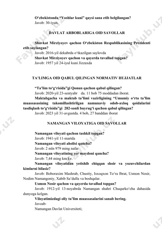 va qayerda tavallud topgan? javob: 1957 yil 24-iyul kuni jizzaxda taʼlimga oid qabul qilingan normativ hujjatlar “taʼlim toʻgʻrisida”gi qonun qachon qabul qilingan? javob: 2020-yil 23-sentyabr da. 11 bob 75 moddadan iborat. maktabgacha va maktab taʼlimi vazirligining “umumiy oʻrta taʼlim muassasasining takomillashtirilgan namunaviy odob-axloq qoidalarini tasdiqlash toʻgʻrisida”gi 282-sonli buyrugʻi qachon qabul qilingan? javob: 2023 yil 31-avgustda. 4 bob, 27 banddan iborat namangan viloyatiga oid savollar namangan viloyati qachon tashkil topgan? javob: 1941-yil 11-martda namangan viloyati aholisi qancha? javob: 2 mln 979 ming nafar namangan viloyatining yer maydoni qancha? javob: 7,44 ming km kv. namangan viloyatidan yetishib chiqqan shoir va yozuvchilardan kimlarni bilasiz? javob: boboraxim mashrab, chustiy, isxoqxon toʻra ibrat, usmon nosir, nodim namangoniy, xabib saʼdulla va boshqalar. usmon nosir qachon va qayerda tavallud topgan? javob: 1912-yil 13-noyabrda namangan shahri chuqurkoʻcha dahasida dunyoga kelgan. viloyatimizdagi oliy taʼlim muassasalarini sanab bering. javoab: namangan davlat universiteti; namangan muxandislik-texnologiyalari instituti; namangan muxandislik-qurilish instituti; namangan pedagogika …