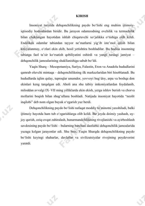 ab chiqaruvchi xo‘jalikning, ya’ni dehqonchilik va chorvachilikning shakllanishidir. neolit so‘zi yunon tilidan olingan bo‘lib, “yangi tosh davri” ma’nosini anglatadi. yaqin sharqda neolit davrining boshlanishi miloddan avvalgi ix–viii ming yilliklarga to‘g‘ri keladi. bu davrda odamlar asosan daryo vodiylari va unumdor yerlarni tanlab, kichik manzilgohlar qura boshladilar. yovvoyi bug‘doy, arpa, no‘xat va boshqa o‘simliklarni yig‘ib, ularni ekishga o‘tish jarayoni boshlangan. bu jarayon asta-sekin donlarni qayta ishlash, toshdan tegirmon toshlari yasash va oziq-ovqat zahiralashni ham o‘z ichiga olgan. neolit davrining yana bir muhim yangiligi – hayvonlarni xonakilashtirishdir. avval qo‘y va echki, keyinroq sigir va cho‘chqa uy hayvoniga aylantirilgan. natijada odamlar go‘sht, sut, jun va teridan doimiy ravishda foydalanish imkoniga ega bo‘ldilar. arxeologik tadqiqotlar yaqin sharqda neolit davrining yirik manzilgohlarini aniqladi. masalan: · jerixo (falastin) – eng qadimgi manzilgohlardan biri bo‘lib, mustahkam devorlar bilan o‘ralgan, miloddan avvalgi ix–viii ming yilliklarga oid. · jarmo (iroq) – bu yerda odamlar uy qurish, don saqlash omborlari yasash …