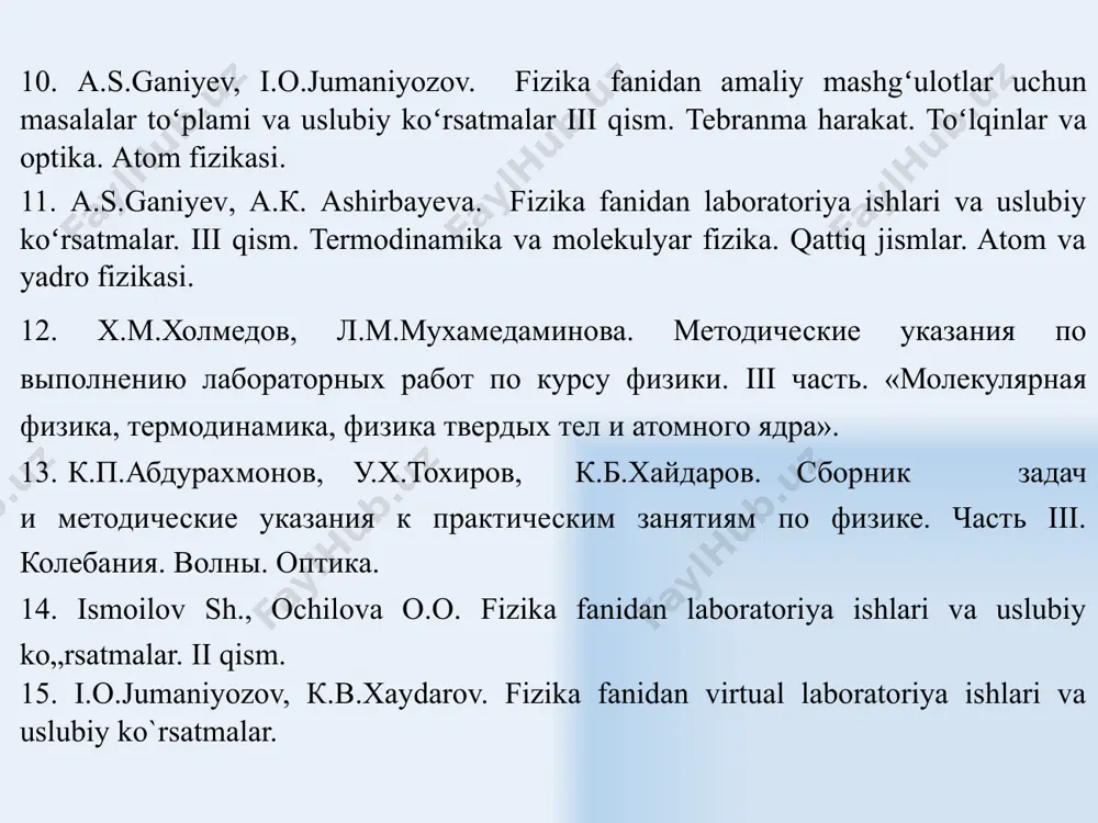 ishlay olishiga imkon beruvchi va mutaxassislik sohalarida fizik printsiplarni qo’llash imkonini ta’minlovchi fizika sohasidagi nazariy tayorgarlik asoslarini yaratish. 9 mexanika - jismlarning mexanik harakatlari va oʻzaro ta’sirlashuv qonunlarini oʻrganuvchi fizika boʻlimi. 10 kinematika – jismlar harakati qonuniyatlarini, harakatning kelib chiqish sabablarini e’tiborga olmay, oʻrganadi. dinamika – jismlar harakati qonuniyatlarini, uning kelib chiqish sabablarini bilgan holda, oʻrganadi . statika – jismlar tizimi, toʻplamining muvozanat holati qonunlarini oʻrganadi. mexanik harakat - vaqt oʻtishi bilan jismning fazodagi vaziyatining boshqa jismlarga nisbatan oʻzgarishi. 11 ilgarilanma harakat – bu shunday harakatki, unda harakat qilayotgan jism bilan mustahkam bogʻlangan istalgan toʻgʻri chiziq boshlangʻich holatiga nisbatan parallelligini saqlab qoladi. 12 tebranma harakat 13 aylanma harakat 14 nyuton mexanikasi yoki klassik mexanika, yorugʻlikning vakuumdagi c (с~3·108 m/s) tezligidan yetarlicha kichik v tezliklarda harakat qiluvchi makroskopik jismlar (inson masshtabiga yaqin jismlar) uchun oʻrinli boʻladi: v << с isaak nyuton 15 relyativistik mexanika c tezlikka yaqin v~с tezlikda harakatlanayotgan istalgan …