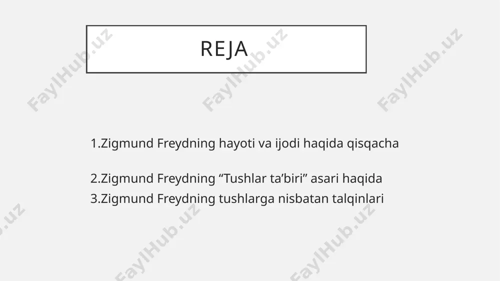 asari inqilobiy ahamiyatga ega bo'lib, psixoanalizning alohida soha sifatida shakllanishiga turtki berdi. 1900-yilda u “tushlar tabiri” asarini chiqaradi. mazkur asar bemorning tushlarini o’rganish, orqali nevroz holatini tahlil qilishga bag’ishlangan. freydning bu asari tush inson hayotining davomi ekanini isbotlaydi. freydning “tushlar tabiri” asaridagi bosh fikri quyidagicha: tush tashqi tomondan tushunarsiz va undagi voqealar o’zaro bog’lanmagan bo’lgani uchun ko’pincha, g’alati va hatto fantastik, deb baholanadi, ammo aslida u faqatgina psixoanaliz vositasida aniqlanadigan muhim ma’noga ega. kitobning asosiy g’oyalari 1.tushlarning vazifasi: tushlar yashirin istaklar va hissiyotlarning ifodasidir. insonning kundalik hayotida bosim yoki ijtimoiy taqiqlar tufayli anglanmagan istaklari tushlarda namoyon bo’ladi. 2.ramzlar va ma’nolar: freyd tushlarning mazmunini 2turga ajratadi: yuzaki mazmun (manifest mazmun) – tushda bevosita ko’riladigan narsalar yashirin mazmun ( latent mazmun ) – tush ortidagi ongsiz istaklar va ramzlar 3.tushlarning mexanizmlari: freyd tushlarni shakllantiruvchi bir nechta mexanizmlarni keltirib o’tgan: sublimatsiya-ijtimoiy qabul qilinmaydigan yoki ongsiz istaklarni va impulslarini qabul qilinadigan foydali faoliyatlarga aylantirish …