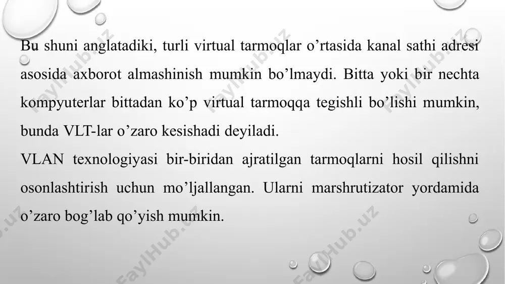 gan marshrutizatorlar. 3. xududiy bo’limlar marshrutizatorlari. 4. uzoqlardagi ofislar uchun mo’ljallangan marshrutizatorlar. 5.lokal tarmoqlar marshrutizatorlari. 3.34-rasm. marshrutizatorlarning qo’llanish o’rinlari va xillari. katta tarmoqlarda, ko’pincha bir nechta ierarxik sathlarda ishlovchi marshrutizatorlar qo’llaniladi. bunda lokal kompyuter tarmoqlari stansiyalari birinchi sath marshrutizatorlariga ulangan bo’ladi. birinchi sath marshrutizatorlari esa, ikkinchi sath marshrutizatorlariga ulanadi. yuqori uchinchi sath marshrutizatorlari esa, faqat o’zaro bog’langan bo’ladilar. marshrutizatorlarning – yuqori, o‘rta (ikkinchi sath) va quyi (birinchi sath) sinflari mavjud. yuqori sinf marshrutizatorlari – magistral marshrutizatorlar deb ataladi (backbone routers). bu xildagi marshrutizatorlarning unumdorligi eng yuqori bo’ladi. ular yordamida korxonalarning magistral tarmoqlari yoki biron bir xududning global tarmog’i magistrali hosil qilinishi mumkin. magistral marshrutizatorlar yordamida sekundiga bir necha 100 ming, xatto bir necha millionlab paketlarni ishlash amalga oshiriladi. o’rta sinf marshrutizatorlari - deganda mintaqaviy bo’limlar uchun mo’ljallangan marshrutizatorlar tushuniladi. ular yordamida mintaqaviy bo’limlarni, markaziy ya’ni, magistral tarmoq bilan bog’lash amalga oshiriladi. ushbu marshrutizatorlar, yuqori sinf marshrutizatorlarining nisbatan soddalashtirilgan variantlari hisoblanadi. …