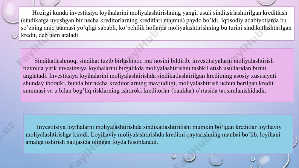 ri loyihaviy moliyalashtirishning jahon bozorida faol ishtirok eta boshlashdi. 90-yillarning birinchi yarmida jahon xo’jaligi rivojlanishi uchun xos bo’lgan iqtisodiy o’sishning yuqori sur’atlari loyihaviy moliyalashtirish shakllariga katta talabni vujudga keltirdi. bu talab, eng avvalo, rivojlanayotgan bozorlarga tegishli edi. 1997-1998 yillardagi jahon moliyaviy inqiroziga qadar, loyihaviy moliyalashtirishning jahon bozorida etakchilikni janubi-sharqiy osiyo mamlakatlari egallashgan edi. 1996 yilda gonkongda 19,3 mlrd. doll. qiymatdagi 36 ta investitsiya loyihasi, indoneziyada 14,1 mlrd. doll. qiymatdagi 72 ta loyiha, taylandda 9,4 mlrd. doll. qiymatdagi 31 ta loyiha amalga oshirilgan edi. 1996 yilda osiyo davlatlarida jami 86,2 mlrd. doll. qiymatdagi 400 ta investitsiya loyihasi moliyalashtirilgan. bu ko’rsatkich amerika va yevropa kontingentlari mamlakatlarinikiga qaraganda ko’pdir. 90-yillarning oxirlariga kelib, osiyo davlatlari loyihaviy moliyalashtirishning jahon bozorida birinchilikni yo’qotishdi va etakchilikni yana aqsh va g’arbiy evropa davlatlari egallashdi. biroq, oxirgi yillarda osiyo va sharqiy evropa davlatlari inqiroz zarbalaridan o’zini o’nglab olgach, yana xorijiy investitsiyalarni jalb qilish evaziga iqtisodiy o’sishning yuqori templarini ta’minlashga …