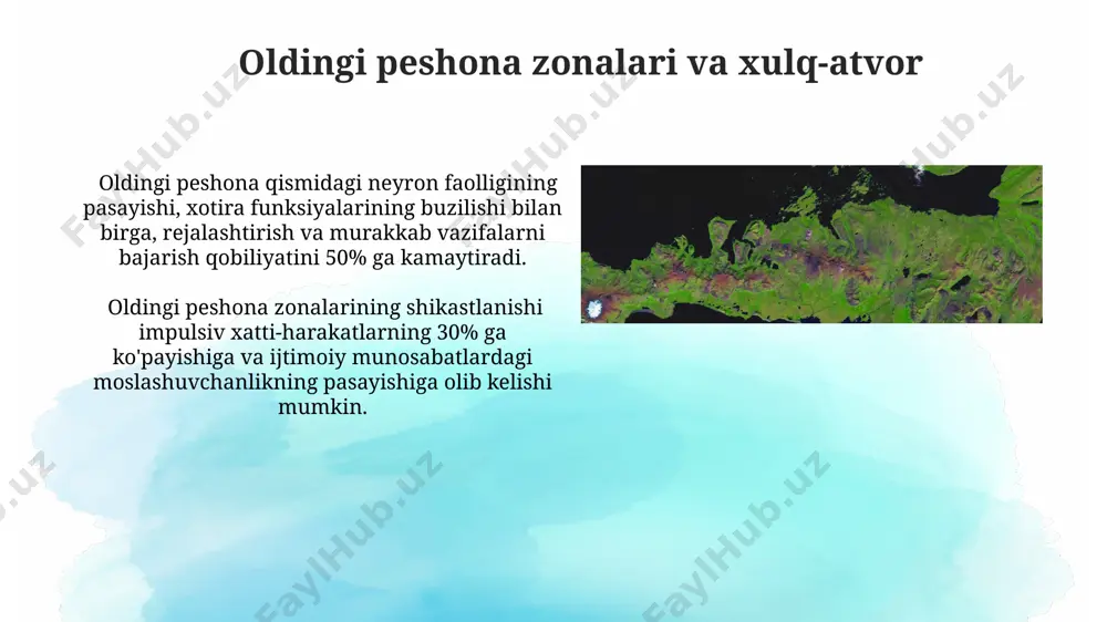 hasi faol ishtirok etadi. oldingi peshona zonalarini davolash usullari nutq terapiyasi, shuningdek, 2-3 marta haftada o'tkaziladigan individual va guruh mashg'ulotlaridan iborat bo'lib, leksik va grammatik ko'nikmalarni yaxshilashga qaratilgan. oldingi peshona zonalarining shikastlanishiga qarab, 3-6 oylik davolash kursi qo'llaniladi, bu yerda fizioterapiya, 10-15 ta mashg'ulotni o'z ichiga olgan neyropsixoligik reabilitatsiya va dori-darmonlar muhim ahamiyatga ega. oldingi peshona zonalarining rivojlanishi 7-12 yosh oralig'ida oldingi peshona zonalari ijro funksiyalarini, xususan, rejalashtirish, e'tiborni jamlash va ishchi xotirani boshqarishni rivojlantirishda muhim rol o'ynaydi, bu davrda miya qobig'ining miqdoriy o'zgarishlarni boshdan kechiradi. oldingi peshona zonalarining rivojlanishi 3 yoshgacha bo'lgan davrda eng tez sur'atlar bilan boradi, neyronlarning sinaptik bog'lanishlari soni eksponentsial ravishda ortadi va miya hajmi taxminan 3 barobar oshadi. oldingi peshona zonalari va reabilitatsiya oldingi peshona zonalari reabilitatsiyasi davomiyligi shikastlanish darajasi va bemorning individual xususiyatlariga bog'liq bo'lib, o'rtacha 6 oy dan 2 yilgacha davom etishi mumkin. oldingi peshona zonalarining shikastlanishi nutq, harakat va ijro funktsiyalarining 30% …