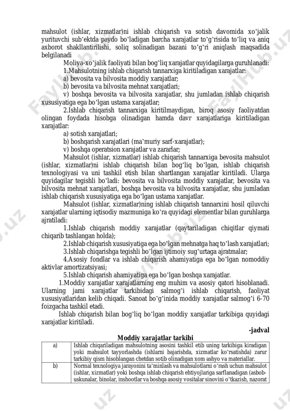 siya faoliyatlari bo’yicha qarorlarni qabul qilish, resurslardan foydalanish, yangi texnika va texnologiyalarni joriy etish, ishlab chiqarishni boshqarish va tashkil etish tizimini takomillashtirishdan ko’rilgan samaradorlikni ifodalaydi. moliya-xo’jalik faoliyati bilan bog’liq xarajatlar tarkibi xo’jalik yurituvchi sub’ekt faoliyatining rentabelligini va bozor raqobatbardoshliligini aniqlash uchun 1 ўзбекистон республикаси бухгалтерия ҳисобининг миллий стандарти “молиявий ҳисоботни тайёрлаш ва тақдим этиш учун концептуал асос”(ав 09.09.2016 й. 475-1-сон билан рўйхатга олинган) 2 молиявий ҳисоботнинг халқаро стандартлари [4] mahsulot (ishlar, xizmatlar)ni ishlab chiqarish va sotish davomida xo’jalik yurituvchi sub’ektda paydo bo’ladigan barcha xarajatlar to’g’risida to’liq va aniq axborot shakllantirilishi, soliq solinadigan bazani to’g’ri aniqlash maqsadida belgilanadi moliya-xo’jalik faoliyati bilan bog’liq xarajatlar quyidagilarga guruhlanadi: 1.mahsulotning ishlab chiqarish tannarxiga kiritiladigan xarajatlar: a) bevosita va bilvosita moddiy xarajatlar; b) bevosita va bilvosita mehnat xarajatlari; v) boshqa bevosita va bilvosita xarajatlar, shu jumladan ishlab chiqarish xususiyatiga ega bo’lgan ustama xarajatlar; 2.ishlab chiqarish tannarxiga kiritilmaydigan, biroq asosiy faoliyatdan olingan foydada hisobga olinadigan hamda davr …