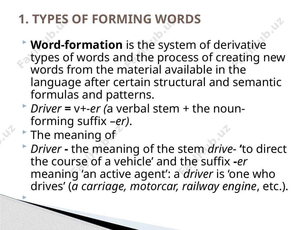 cultural organization; b) acronyms with the alphabetic reading: bbc – [,bi:bi:'si:] the british broadcasting corporation; affixation is the formation of words by adding derivational affixes to different types of bases. an affix is not-root or a bound morpheme that modifies the meaning and / or syntactic category of the stem in some way. affixes are classified into prefixes and suffixes. 3. affixation suffixation is the formation of words with the help of suffixes, which usually modify the lexical meaning of the base and transfer words to a different part of speech. a suffix is a derivational morpheme following the root and forming a new derivative in a different word class (-en, -y, -less in heart-en, heart-y, heart-less). 3.1. suffixation. classification of suffixes according to the lexical-grammatical character of the base suffixes are usually added to, they may be: deverbal suffixex (those added to the verbal base): -er (builder); -ing (writing); …