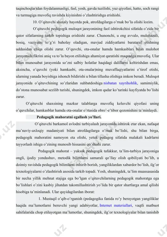 kali kadrlarni tayyorlash ishiga o’zining munosib hissasini qo’shishi zarur. pedagogik mahorat – yuksak pedagogik tafakkur, ta’lim-tarbiya jarayoniga ongli, ijodiy yondashuv, metodik bilimlarni samarali qo’llay olish qobiliyati bo’lib, u doimiy ravishda pedagogik bilimlarni oshirib borish, yangiliklardan xabardor bo’lish, ilg’or texnologiyalarni o’zlashtirish asosida tarkib topadi. yosh, shuningdek, ta’lim muassasasida bir necha yillik mehnat stajiga ega bo’lgan o’qituvchilarning pedagogik mahoratga ega bo’lishlari o’zini kasbiy jihatdan takomillashtirish yo’lida bir qator shartlarga amal qilishi hisobiga ta’minlanadi. ular quyidagilardan iborat: 1. mustaqil o’qib-o’rganish (pedagogika fanida ro’y berayotgan yangiliklar haqida ma’lumotlarni beruvchi yangi adabiyotlar, internet materiallari, vaqtli matbuot sahifalarida chop etilayotgan ma’lumotlar, shuningdek, ilg’or texnologiyalar bilan tanishib borish, ularda ilgari surilayotgan g’oyalarni umumlashtirish, xulosalash asosida mustaqil loyihalarni tayyorlash). 2. hamkasb tajribali o’qituvchilar faoliyatini o’rganish (ta’lim muassasasidan chetga chiqmagan holda tashkil etilib, vaqt, shuningdek, iqtisodiy nuqtai nazardan samarali sanaladi. tajribali o’qituvchilar faoliyatini o’rganish ular tomonidan tashkil etilayotgan mashg’ulotlarni kuzatish, tahlil qilish asosida amalga oshiriladi. bu borada olingan taassurotlarni …
