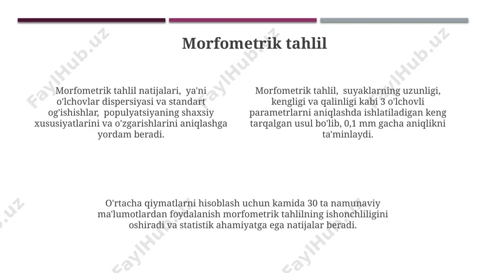 ttalashtirishdagi mikroskoplardan foydalaniladi va ularning tuzilishi, organellalari va funksiyalari batafsil o'rganiladi. anatomiyaning morfologik tadqiqot usullari organlar va to'qimalarning 3d modellashtirish uchun kompyuter tomografiyasi (kt) va magnit-rezonans tomografiyasi (mrt) kabi tasvirlash texnologiyalaridan foydalanish morfologik tahlilning muhim qismidir. anatomiyaning morfologik tadqiqot usullariga gistologik bo'yash usullari, masalan, gomori trikrom yoki gema-toksilin-eozin bo'yash, 3-5 mikrometr qalinlikdagi to'qima kesmalarini mikroskopik tekshirish kiradi. stereologiya usuli yordamida, masalan, ko'zga ko'rinmaydigan mikroskopik tuzilmalarning hajmini va sonini aniqlash uchun, taxminan 100 dan ortiq kesmalarni tahlil qilish talab qilinadi. e'tiboringiz uchun rahmat @taqdimot_robot