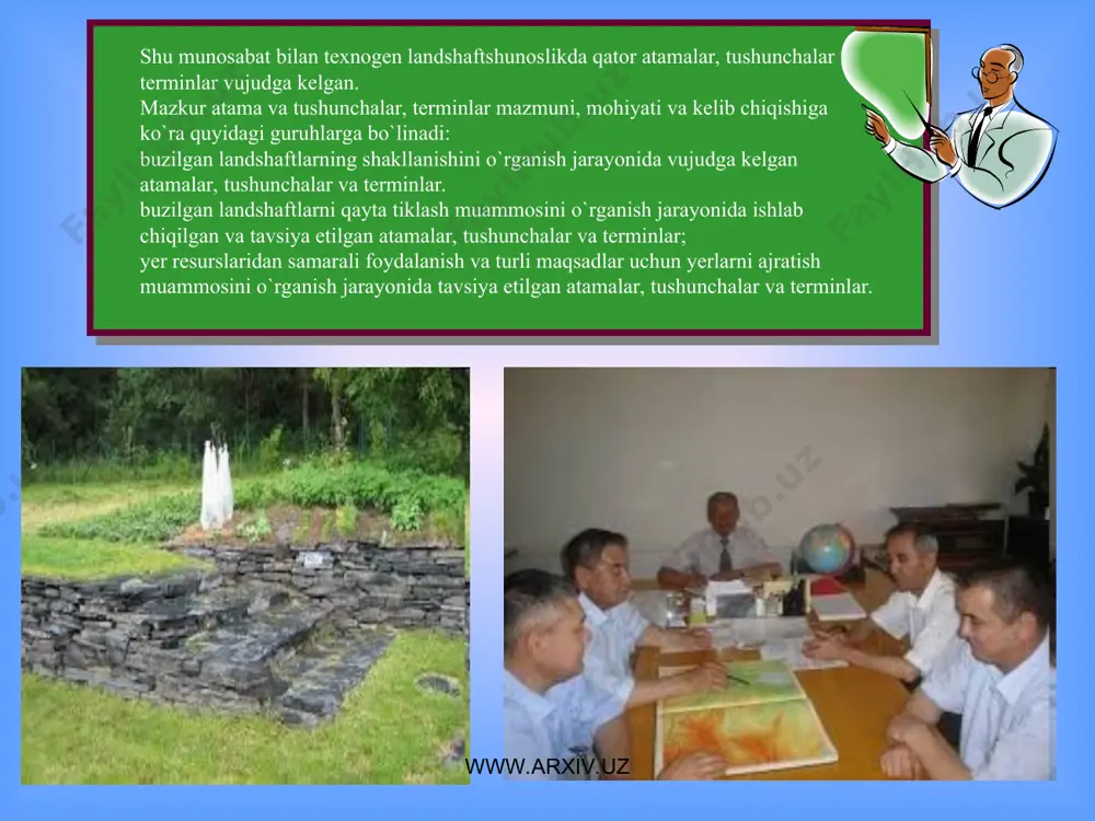 “hududni texnogen tog`-kon sanoati ta`sirida buzilishidan so`ng tuproq va o`simlik hosildorligini sun`iy ravishda qayta tiklash” (449 b); b) “tog`-kon sanoati ta`sirida buzilgan yerlarni tiklash va ulardan oqilona foydalanish” (449 b.). www.arxiv.uz www.arxiv.uz k.uolvork (1979. 179.b.) rekultivatsiya deganda- yerlarni foydalanish uchun tezlik bilan tiklashni tushunadi. l.v. motorina., n.m.zabelina (1968) rekultivatsiya deganda foydali qazilmalari qazib olingandan so`ng hosil bo`lgan yerlarda tuproqlar hosildorligini tiklash va mazkur yerlarda qishloq xo`jaligi dalalari, o`rmonlar, suv havzalari, dam olish va turli qurilish inshoatlarini yaratish maqsadida olib boriladigan texnik – meliorativ, qishloq xo`jalik, o`rmon xo`jaligi va injener-qurilish ishlari majmuasini tushunishadi. n.l.lazarev (1972) rekultivatsiya deganda tuproqni qishloq xo`jalik yoki dehqonchilik maqsadlarida foydalanish uchun maxsus tayyorlash chora-tadbirlarini tushunadi (motorina, ovchinnikova 1975). buzilgan yerlarni rekultivatsiya qilish deganda ham asosan yerlarni tabiiy holatini va hosildarligini tiklash tushuniladi ( l.p. motorina., v.a. ovchinnikova 1975; g.a. zaytsev, 1977; gost 17-5-1; 78); www.arxiv.uz www.arxiv.uz n.reymers ( 1990), g.a. zaytsev (1977) yerlarni qayta tiklash deganda sanoat …