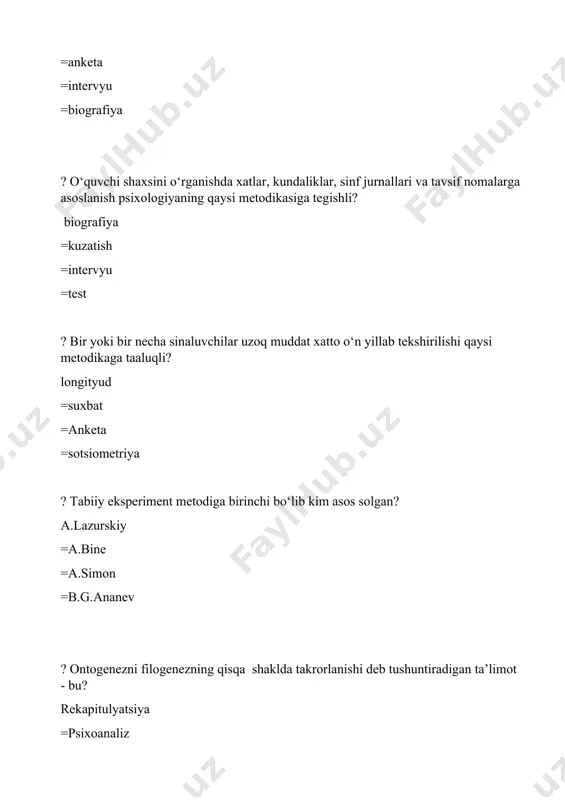 y =a.p.nechayev =a.f.lazurskiy ? biogenetik qonunni kashf qilgan olimlar f.myuller va e.gekkel =i.m.sechenov va a.p.nechayev =i.a.sikorskiy =k.d.ushinskiy ? …….fikricha, chaqaloq (yangi tug‘ilgan bola) hali odam hisoblanmaydi, balki faqat sut emizuvchi hayvondir; olti oylikdan oshgach, u psixik rivoji jihatidan faqat maymunlar darajasiga tenglashadi, ikki yoshida oddiy odam holiga keladi, besh yoshlarida ibtidoiy gala holidagi odamlar darajasiga yetadi, maktabga kirganidan boshlab ibtidoiy davrni boshidan kechiradi, kichik maktab yoshida uning ongi o‘rta asr kishilari darajasiga, nihoyat, yetuklik davri (16—18 yoshlari)dagina hozirgi zamon kishilarining madaniy darajasiga erishadi. ushbu fikr muallifini toping v.shtern =i.m.sechenov va a.p.nechayev =i.a.sikorskiy =k.d.ushinskiy ? “rekapitulyatsiya qonuni”ni (filogenezni qisqacha takrorlashni) psixologik o‘sishning bosh qonuni deb hisoblaydi. ushbu fikr qaysi olimga tegishli s.xoll =i.a.sikorskiy =a.p.nechayev =a.f.lazurskiy ? bu nazariyada shaxsda ro‘y beradigan o‘zgarishlarni jamiyatning tuzilishi, ijtimoiylashish (sotsializatsiya) usullari, atrofdagi odamlar bilan o‘zaro munosabat vositalari asosida tushuntiriladi sotsiogenetik =biogenetik =ijtimoiy =irsiy ? psixik jarayonlarning rivojlanishini birinchi darajali ahamiyatga ega deb hisoblaydigan oqim psixogenetik …