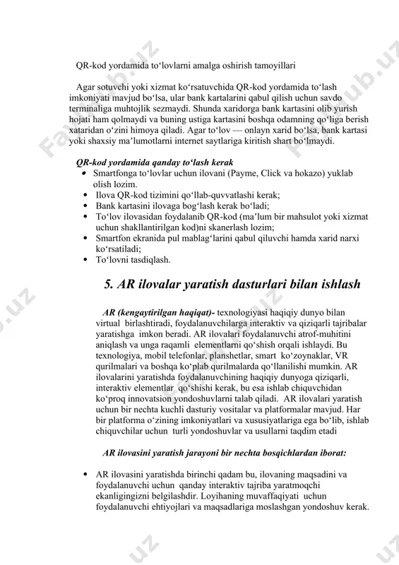 ashtiradi, masalan, u yordamida: · vizitkada telefon nomerni shifrlash mumkin va bir marta bosishning oʻzi bilan kontaktlar roʻyxatiga qoʻshib qoʻyish; · internet havolasi boʻyicha tezkor oʻtish; · elektron xat yoki sms yuborish; · manzilning joylashuvini aniqlash; · wi-fi (internet) routeriga avtomatik tarzda ulanish mumkin. shuningdek, tashqari ushbu tizim kundalik va turli savdo jarayonlarini sezilarli darajada optimallashtirdi. bu kichik kvadratlarni mahsulot yorligʻida, kommunal xizmatlar kvitansiyasida yoki veb-sayt sahifalarida topish mumkin. qr-kod yordamida toʻlovlarni amalga oshirish tamoyillari agar sotuvchi yoki xizmat koʻrsatuvchida qr-kod yordamida toʻlash imkoniyati mavjud boʻlsa, ular bank kartalarini qabul qilish uchun savdo terminaliga muhtojlik sezmaydi. shunda xaridorga bank kartasini olib yurish hojati ham qolmaydi va buning ustiga kartasini boshqa odamning qoʻliga berish xataridan oʻzini himoya qiladi. agar toʻlov — onlayn xarid boʻlsa, bank kartasi yoki shaxsiy maʼlumotlarni internet saytlariga kiritish shart boʻlmaydi. qr-kod yordamida qanday toʻlash kerak · smartfonga toʻlovlar uchun ilovani (payme, click va hokazo) yuklab olish lozim. …