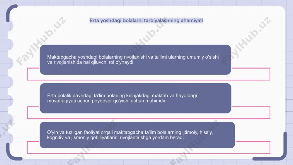 nklyuziv ta'limni qo'llab-quvvatlash maktabgacha yoshdagi bolalarni rivojlantirish va tarbiyalash ularning kelajagiga mustahkam poydevor yaratishda hal qiluvchi ahamiyatga ega. har bir bolaning o‘qish va o‘sishi uchun teng imkoniyatlarga ega bo‘lishini ta’minlash uchun alohida ehtiyojli maktabgacha yoshdagi bolalar uchun inklyuziv ta’limni qo‘llab-quvvatlash muhim ahamiyatga ega. inklyuziv ta'lim barcha bolalar, shu jumladan alohida ehtiyojli bolalar o'quv jarayonida to'liq ishtirok etishi mumkin bo'lgan muhitni yaratishga qaratilgan. bunga har bir bolaning individual ehtiyojlarini qondirish uchun tegishli yordam va resurslarni taqdim etish orqali erishish mumkin. maxsus ehtiyoji bo‘lgan maktabgacha yoshdagi bolalar uchun inklyuziv ta’limni qo‘llab-quvvatlash orqali biz ularning har tomonlama rivojlanishiga, ijtimoiy integratsiyalashuviga va akademik muvaffaqiyatlariga yordam bera olamiz. bu xilma-xillikni qadrlaydigan va hamma uchun teng imkoniyatlarni ta'minlaydigan inklyuziv jamiyatni yaratish yo'lidagi muhim qadamdir. ota-onalarning maktabgacha ta'limdagi ishtiroki va faolligi maktabgacha yoshdagi bolalarning rivojlanishi va tarbiyasi ularning hayotidagi muhim davrdir. ularning rivojlanishini qo‘llab-quvvatlashda ota-onalarning maktabgacha ta’lim muassasalaridagi ishtiroki va ishtiroki muhim o‘rin tutadi. ota-onalar farzandining ta'lim …