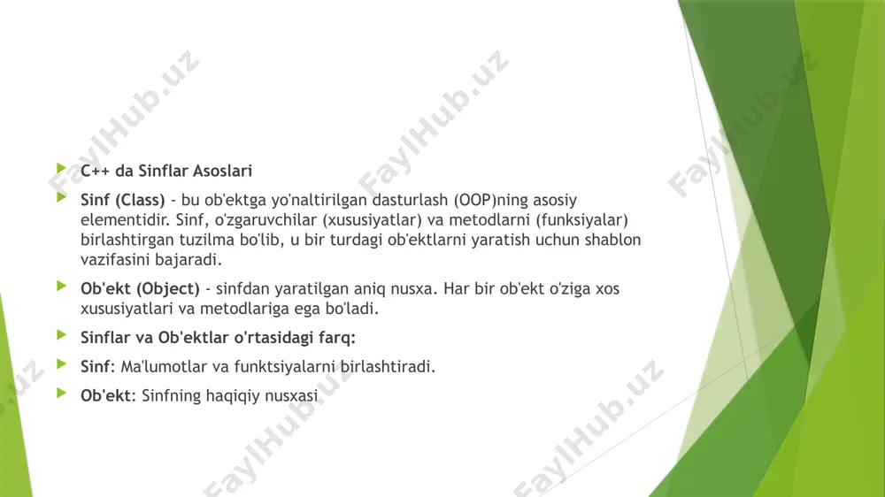 << endl; } }; class car : public vehicle { public: void honk() { cout << "beep beep!" << endl; } }; polimorfizm (polymorphism) polimorfizm, bir xil nomdagi metodlarni turli shakllarda ishlatish imkonini beradi. c++ da bu vazifani metodni qayta yozish (overriding) yoki ortiqcha yuklash (overloading) orqali bajarish mumkin. misol: class animal { public: virtual void sound() { cout << "animal sound" << endl; } }; abstraksiya (abstraction) abstraksiya sinf ichidagi murakkab implementatsiyalarni yashirish va tashqi dunyoga faqat kerakli interfeysni taqdim etish imkonini beradi. bu orqali foydalanuvchi faqat zarur funksionallikni biladi.class shape { public: virtual void draw() = 0; // to'liq implementatsiya talab qilinmaydi }; class circle : public shape { public: void draw() override { cout << "drawing circle" << endl; } }; operatorni ortga yuklash (operator overloading) c++ da operatorni ortga yuklash orqali, standart operatorlarni sinf ob'ektlari bilan ishlash uchun qayta ta'riflash mumkin. ha, c++ dasturlash tilida operatorni …
