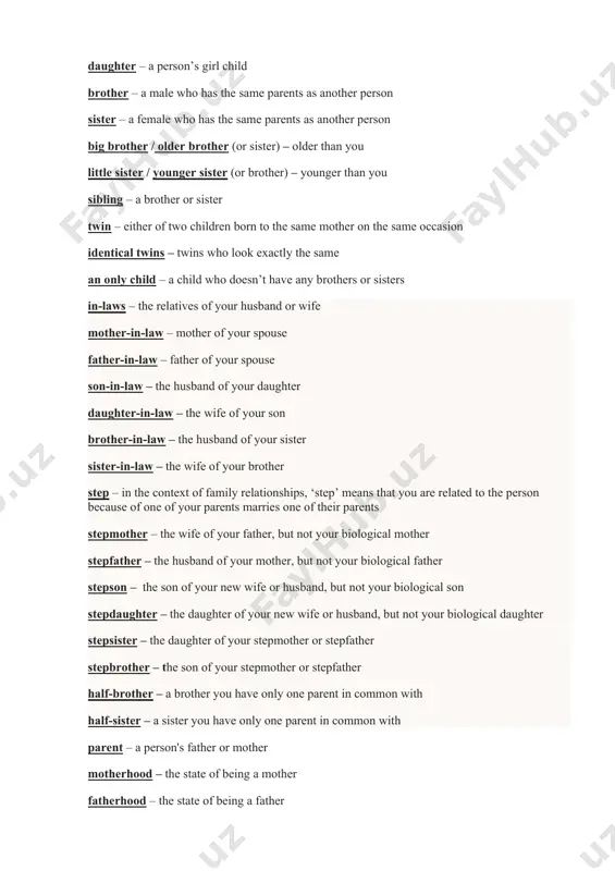 sn’t have any brothers or sisters in-laws – the relatives of your husband or wife mother-in-law – mother of your spouse father-in-law – father of your spouse son-in-law – the husband of your daughter daughter-in-law – the wife of your son brother-in-law – the husband of your sister sister-in-law – the wife of your brother step – in the context of family relationships, ‘step’ means that you are related to the person because of one of your parents marries one of their parents stepmother – the wife of your father, but not your biological mother stepfather – the husband of your mother, but not your biological father stepson – the son of your new wife or husband, but not your biological son stepdaughter – the daughter of your new wife or husband, but not your biological daughter stepsister – the daughter of your stepmother or stepfather stepbrother – the son …
