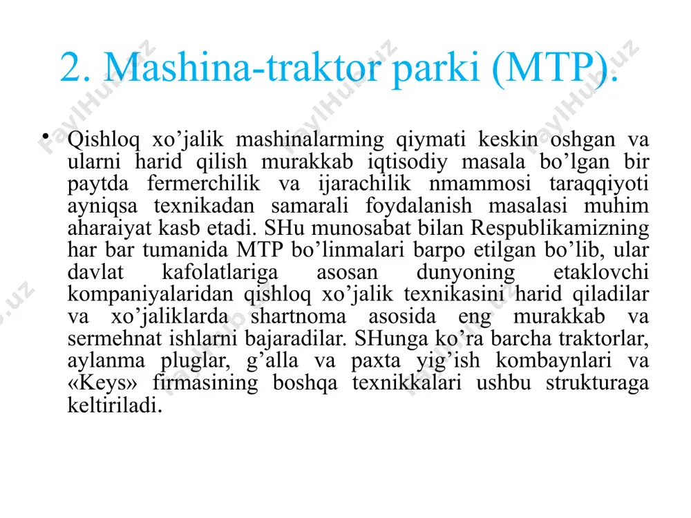 riladi, bularga: dalani tayyorlash va u yoki bu texnologik operasiyani bajarish, mashinalami ishga tayyorlash, shuningdek yuklash-bo’shatish ishlari kiradi. transport operasiyalar odatda texnologik operasiyalar bilan uzviy bog’langan bo’ladi. u materialni yoki qishloq xo’jalik mahsulotlarining holatini o’zgarishsiz eltishga mo’ljallangan. qishloq xo’jalik ishlari, bu texnologik va yordamchi operasiyalarning zarur bo’lsa yana transport ishlarining ham yig’indisidan iboratdir. ketma-ketlikda bajariladigan operasiyalar yig’indisi, agar natijada dastlabki predmet (sho’rlangan uchastka) oraliq predmetga (sho’ri yuvilgan uchastkaga) yoki (tozalanmagan paxta chanoqlari) qishloq xo’jaligining so’nggi mahsulot (paxta, xom-ashyosi)ga aylansa uni ishlab chiqarish jarayoni deb ataladi. ishlab chiqarish jarayonlariga quyidagilar kiradi: boronalash, disklash, chizellash, molalashlarni o’z ichiga olgan tuproqga ekish oldi ishlov berish; tayyorlash, yuklash va eltish (transportirovka) ishlarning o’z ichiga olgan urug ekish, gerbisid sochish va o’gltlash; o’simliklarni parvarish qilish quyidagilardan iborat: tuproq qatqalog’ini buzish, qator oralariga ishlov berish, oziqlantirish, egat ochish, suv qo’yish, qishloq xo’jalik zararkunandalariga qarshi kurash; paxta xom-ashyosini yigish quyidagilarni o’z ichiga oladi: qaytish polosalarini tayyorlash, defolyasiya …