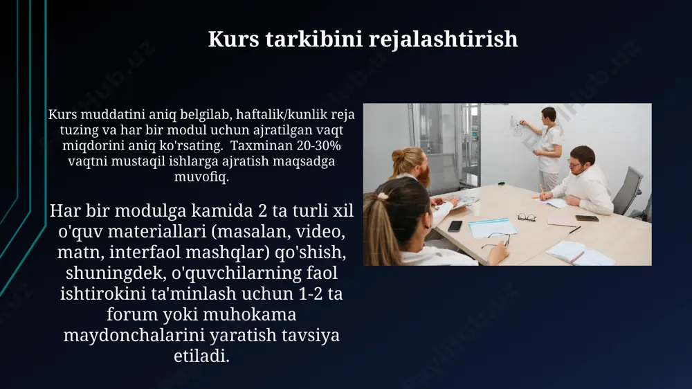 mkoniyatlarni taqdim etadi. interaktiv elementlarni qo'shish interaktivlik darajasini oshirish uchun 5 ta kichik moduldan iborat katta modul yaratish va har bir kichik modul oxirida interaktiv topshiriq berish samarali usul hisoblanadi. lmsda 3 dan ortiq turdagi interaktiv elementlar (masalan, viktorinalar, o'yinlar, forumlar) qo'shish talabalarning faol ishtirokini va bilimni o'zlashtirish darajasini sezilarli darajada oshiradi. vazifalar va topshiriqlarni yaratish har bir vazifa uchun 10 ta turli xil baholash mezonlarini (masalan, grammatika, uslub, mazmun) belgilashingiz mumkin va shu asosda avtomatlashtirilgan yoki qo'lda baholashni amalga oshirishingiz mumkin. talabalarga topshiriqlarni turli formatlarda (fayl yuklash, matn kiritish, havola taqdim etish) topshirish imkoniyati berishingiz va topshirilgan ishlarni onlayn kuzatib borishingiz mumkin. muvaffaqiyatli kursni yaratish uchun maslahatlar muvaffaqiyatli kursni yaratishda 3 ta moduldan ortiq bo'lmagan holda, har bir modulga 5-7 ta kichik mavzularni kiritish tavsiya etiladi, bu talabalarning o'zlashtirishini osonlashtiradi. kursni interaktiv qilish uchun, video darslar, audio materiallar, infografikalar va viktorinalar kabi turli xil multimediya resurslaridan foydalaning, bu talabalarni …