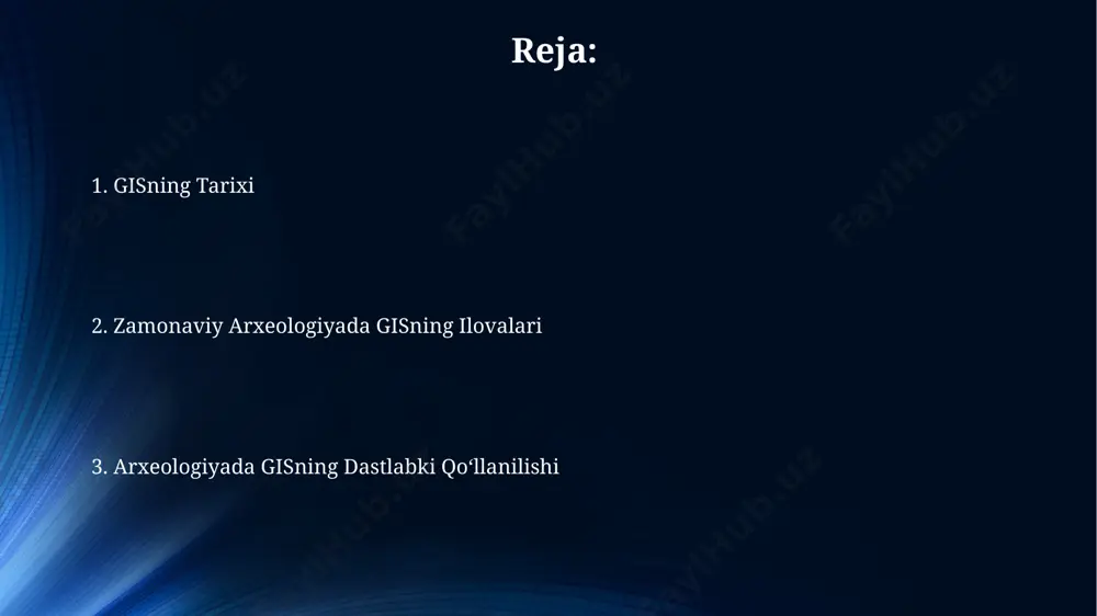 a, 100 dan ortiq spektral diapazonlarda ma'lumot olish orqali, qashqadaryo viloyatidagi qadimiy aholi punktlarining tuproq tarkibi va o'simlik holati haqida batafsil ma'lumot olindi. arxeologiyada gisning dastlabki qo‘llanilishi 1960-yillarning oxirida, kanadadagi saskachevan universitetida arxeologik ma'lumotlarni tahlil qilishda gisning dastlabki tajribalari o‘tkazildi, bu yerda 100 dan ortiq arxeologik joylarning koordinatalari kiritilgan. 1980-yillarning boshlarida aqshning arizona shtatida, mesa verde milliy bog‘ida joylashgan anasiyzi qabilasining arxeologik joylarini gis yordamida 3d modellashtirish bo‘yicha dastlabki ishlar amalga oshirildi, bu 1000 yildan ortiq tarixga ega inshootlarni o‘rganishga yordam berdi. geostatistika va makon tahlili makon tahlili arcgis kabi gis dasturlarida 2d va 3d ma'lumotlarni tahlil qilish uchun turli xil algoritmlarni, jumladan, buffering, overlay va spatial interpolationni oʻz ichiga oladi. masalan, samarqanddagi arxeologik qazishmalarni tahlil qilishda qoʻllanilishi mumkin. geostatistika 1960-yillarda fransada konchilik sanoatida rudaning zaxiralarini baholash uchun ishlab chiqilgan boʻlib, keyinchalik geografiya va boshqa fanlarga qoʻllanila boshlandi. arxeologik xaritalarni yaratish arxeologik xaritalarni yaratishda geografik ma’lumotlar tizimlari (git) dan foydalanish, …