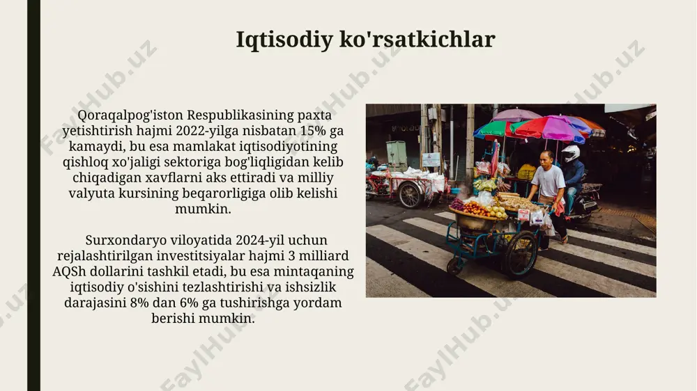 0 баллгача ўсиши прогноз қилинмоқда, бу эса 150 баллга тенг бўлади. prognozlash va tahlil texnologiya sektoridagi kompaniyalarning aksiyalari so'nggi 5 yil ichida 300% ga o'sdi, bu esa investorlarning ushbu sohaga qiziqishining yuqori ekanligini ko'rsatadi. jahon bankining prognozlari bo'yicha, o'zbekiston iqtisodiyoti 2024-yilda 5,5% ga o'sishi kutilmoqda, bu esa aksiya bozorining yanada rivojlanishiga yordam beradi. e'tiboringiz uchun rahmat @taqdimot_robot image1.jpg image2.jpg image3.jpg image4.jpg image5.jpg image6.jpg image7.jpg image8.jpg image9.jpg image10.jpg
