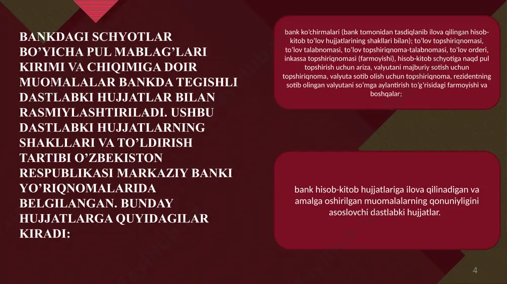 t oyida kelib tushmagan, ya’ni oy oxiriga yo’lda bo’lgan summalar aks ettirilishi lozim. buxgalterlik hisobida 5710-schyotga doir muomalalarni aks ettirish uchun quyidagi hujjatlar asos bo’ladi; daromad topshirilganda bank muasasasi kassasi yoki pochta tomonidan berilgan, pul topshirilganligi haqidagi patta; pul muomalalarini o’tkazishda esa pulni qabul qilib olgan bank muassasasi yoki pochta bo’limining nomi, nomeri, sanasi va summa ko’rsatilgan korxona avizosi. 5110 -«hisob-kitob schyoti» ga kelib tushgan pul mablag’larini tekshirishda, ularni kirim qilishning to’g’riligi va to’liqligi aniqlanadi. chunonchi, kassa muomalalarini tekshirish jaraenida barcha bank ko’chirmalarida bankka topshirilgan naqd pul badallari alohida belgilab qo’yilishi lozim. образец заголовка ‹#› 12 образец заголовка ‹#› e’tiboringiz uchun raxmat! 14 образец заголовка ‹#› 14 image2.jpg image3.jpeg image4.jpg image5.png image6.png image7.jpg image8.jpg image9.jpeg image10.jpeg image1.jpg