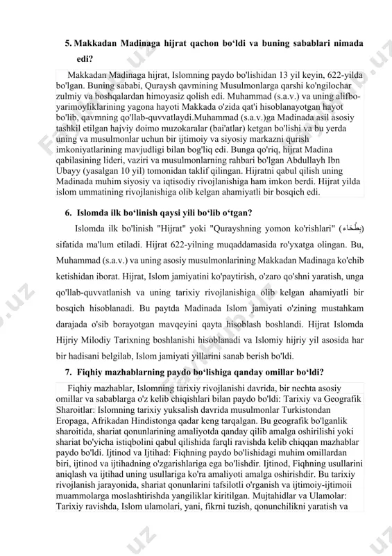 ib ketishdi. hijrat davrida, habashistonga ko'chib ketganlar o'rtasida musulmonlar bilan birgalikda nadjashi (negus)ga asil so'rovlarini o'zlarining dini va ijtimoiy erkinligi uchun yo'q qilish uchun o'rganishadi. 5. makkadan madinaga hijrat qachon bo‘ldi va buning sabablari nimada edi? makkadan madinaga hijrat, islomning paydo bo'lishidan 13 yil keyin, 622-yilda bo'lgan. buning sababi, quraysh qavmining musulmonlarga qarshi ko'ngilochar zulmiy va boshqalardan himoyasiz qolish edi. muhammad (s.a.v.) va uning alifbo-yarimoyliklarining yagona hayoti makkada o'zida qat'i hisoblanayotgan hayot bo'lib, qavmning qo'llab-quvvatlaydi.muhammad (s.a.v.)ga madinada asil asosiy tashkil etilgan hajviy doimo muzokaralar (bai'atlar) ketgan bo'lishi va bu yerda uning va musulmonlar uchun bir ijtimoiy va siyosiy markazni qurish imkoniyatlarining mavjudligi bilan bog'liq edi. bunga qo'riq, hijrat madina qabilasining lideri, vaziri va musulmonlarning rahbari bo'lgan abdullayh ibn ubayy (yasalgan 10 yil) tomonidan taklif qilingan. hijratni qabul qilish uning madinada muhim siyosiy va iqtisodiy rivojlanishiga ham imkon berdi. hijrat yilda islom ummatining rivojlanishiga olib kelgan ahamiyatli bir bosqich edi. 6. …