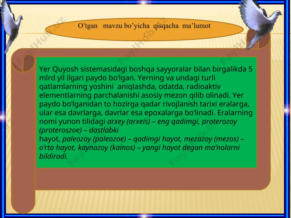 tadigan qirqquloqlar, qirqbo‘g‘imlar, plaunlar o‘sgan. psilofitlar devon davrida dengizlar sathi kamayib, quruqlik ortishi, yanada davometgan. iqlim mo‘tadil bo‘lgan. quruqlikning ko‘pgina qismi dasht, yarimdashtga aylangan. dengizlarda tog‘ayli baliqlar rivojlanib, «qalqondor» baliqlarning yashash uchun kurashda kamaya borishi ro‘y bergan. so‘ngrasuyakli baliqlar kelib chiqqan. sayoz havzalarda ikki yoqlama nafas oluvchi baliqlar, panjaqanotli baliqlar rivojlangan.bu davrda baland bo‘lib o‘suvchi qirqquloqlar, qirqbo‘g‘imlar, plaunlardan dastlabki o‘rmonlar hosil bo‘lgan. bo‘g‘imoyoqli hayvonlarning ayrim guruhlari havo bilan nafas olishga o‘tishi tufayli ko‘poyoqlilar va dastlabki hasharotlar rivojlangan.devon davrining o‘rtalariga kelib suv hamda quruqlikda yashovchilarning dastlabki turlari vujudga kelgan. qalqondor baliq devon davrida t toshko‘mir davrida iqlim nam, havoda karbonat angidrid ko‘p bo‘lgan. quruqlikdagi pasttekisliklarda botqoqli yerlar ko‘p uchragan. ularda balandligi 40 m ga yetadigan qirqquloqlar, qirqbo‘g‘imlar, plaunlar o‘sgan. bularda tashqari ochiq urug‘li o‘simliklar paydo bo‘lgan. daraxtsimon o‘simliklarning yoppasiga halok bo‘lishi o‘sha joylarda keyinchalik ko‘mir qatlami hosil bo‘lishiga olib kelgan. suv hamda quruqlikda yashovchilarning dastlabki vakillari hisoblangan stegotsefallar nihoyatda ko‘p va …