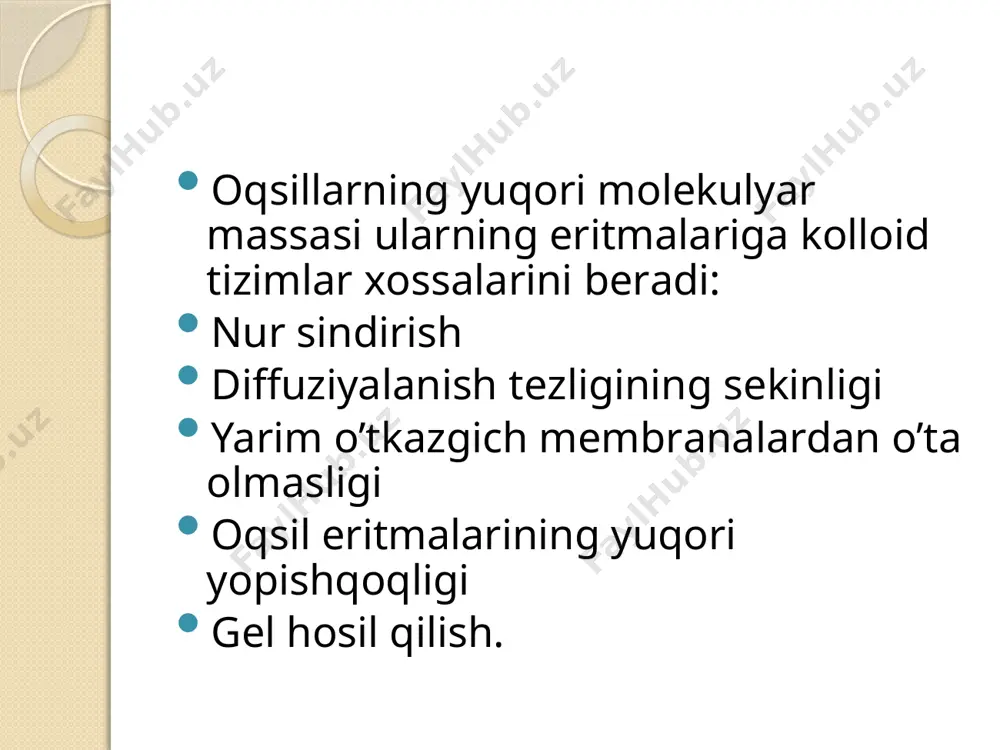 ellar ishlatiladi, masalan: dekstrindan tayyorlangan, turli markadagi sefadekslar, dekstron - yuqori molekulali glyukoza qoldiqlaridan tarkib topgan polimer moddadir, uni ishqoriy muhitda epixlorgidrin bilan reaksiyaga kiritilsa gel hosil bo’ladi. oqsillarni molekulalari katta yoki kichikligiga qarab gel-xromatografiya kolonkasiga gel to’ldirilib undan oqsillar aralashmasi o’tkazilsa avvalo kichik molekulali oqsillar gel g’ovaklari orqali, gel zarrachasining ichiga kirib diffuziyalanadi. yirik molekulali oqsillar bu g’ovakchadan o’tolmaydi, ular zarrachaning tashqarisida qoladi va eritma bilan kolonkadan oqib chiqadi xromatografiya aralashmalarni fizik-kimyoviy usul bilan ajratish hisoblanadi. u aralashmalar komponentlarini 2 faza – harakatsiz va harakatsiz fazadan oquvchi harakatchan (elyuent) fazalarda tarqalishiga asoslangan. oqsillar aralashmasini ion almashuvchi adsorbsiyalovchi xromatografiya, gelfiltrasiyalash va afin xromatografiya yordamida ham fraksiyalarga ajratiladi. adsorbsion xromatografiya. bu usulda adsorbent sifatida aktivlangan ko’mir va alyuminiy oksidi ishlatiladi. adsorbent kolonkaga solinib, erituvchi quyiladi va oqsil eritmasi solinadi, bunda oqsil adsorbent bilan birikadi. so’ngra oqsil fraksiyalari turli ph li bufer eritmalari yordamida ajratib olinadi. oqsillarni fraksiyalarga ajratishda taqsimlanuvchi xromatografiya usulidan …