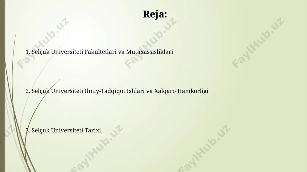 zishni rejalashtirmoqda. universitetning kelajakdagi strategiyasi ilg'or texnologiyalarni qo'llash, innovatsion ta'lim dasturlarini joriy etish va yetakchi mutaxassislarni jalb qilishga qaratilgan bo'lib, budjetning 15%ini tadqiqot ishlariga ajratishni o'z ichiga oladi. fakultetlar va ta'lim yo'nalishlari selçuk universiteti xorijiy talabalar uchun ham turli xil ta'lim yo'nalishlarini, jumladan, ingliz tilida o'qitilgan 20 dan ortiq dasturlarni taklif etadi. universitetning ta'lim dasturlari bologna jarayoniga muvofiq tuzilgan bo'lib, bakalavr (4 yil), magistratura (2 yil) va doktorantura (4-5 yil) darajalarini o'z ichiga oladi. ilmiy-tadqiqot faoliyati selçuk universiteti olimlari tomonidan nashr etilgan ilmiy maqolalar soni scopus va web of science kabi xalqaro ma'lumot bazalarida yildan-yilga o'sib bormoqda, bu ularning xalqaro miqyosdagi tan olinishini ko'rsatadi. universitetda ilmiy-tadqiqot ishlarini moliyalashtirish uchun yiliga o'rtacha 10 million aqsh dollaridan ortiq mablag' ajratiladi, bu esa ko'plab loyihalarning amalga oshirilishiga imkon beradi. e'tiboringiz uchun rahmat @taqdimot_robot image1.jpg image2.jpg image3.jpg image4.jpg image5.jpg image6.jpg image7.jpg