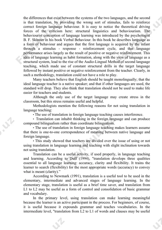 pretation, and through the imitation of the best writers it makes us able to produce similarly good texts, because translation forces us to notice such details as would escape the attention of a simple reader. translation in the classroom: pros and cons the usefulness of translation in the practice of foreign language teaching has long been brought into question. the objections against the use of translation in language teaching seem to be a reaction which was evoked by the obvious shortcomings of the grammar-translation method, the dominant form of language teaching until the 20th century. the first voice to cry out against the use of translation in foreign language teaching came from the reform movement of the late 19th century, and it was followed by a wave of renewed attacks by proponents of the audio-lingual, the direct, the natural, and the communicative language teaching methods throughout the 20th century. the …