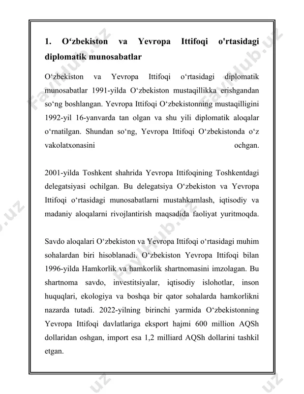 -iqtisodiy hamkorligi sohasidagi aniq ma'lumotlarni taqdim etaman. oʻzbekiston va yevropa mamlakatlari oʻrtasidagi savdo-iqtisodiy aloqalar yildan-yilga kengaymoqda. oʻzbekiston respublikasining asosiy savdo hamkorlari orasida yevropadagi ba'zi mamlakatlar muhim oʻrinni egallaydi. masalan, germaniya, buyuk britaniya, fransiya, va italiya kabi davlatlar oʻzbekiston bilan oʻzaro savdo aylanmasida sezilarli hissasini qoʻshadi. 2022-yil ma'lumotlariga koʻra, germaniya oʻzbekistonning yevropadagi eng yirik savdo hamkorlaridan biri sifatida koʻrsatiladi. savdo aylanmasi hajmi qariyb 1 milliard aqsh dollariga yetgan. germaniyadan oʻzbekistonga asbob-uskunalar, kimyoviy mahsulotlar, va avtomobil qismlari import qilinadi. oʻzbekiston esa germaniyaga paxta, meva va sabzavotlar, va farmatsevtika mahsulotlarini eksport qiladi. fransiya bilan savdo-iqtisodiy hamkorlik ham ortib bormoqda. 2022-yilda fransiya bilan savdo aylanmasi 300 million aqsh dollaridan oshdi. fransiyaga asosan toʻqimachilik mahsulotlari va meva-sabzavotlar eksport qilinadi. import esa asosan texnologik asbob-uskunalar va kimyoviy vositalardan iborat. buyuk britaniya bilan oʻzbekiston oʻrtasidagi savdo aylanmasi 2022-yilda 200 million aqsh dollaridan oshdi. bu mamlakatdan oʻzbekistonga mashinasozlik mahsulotlari va texnologiyalar import qilinadi, eksport esa paxta va tayyor …