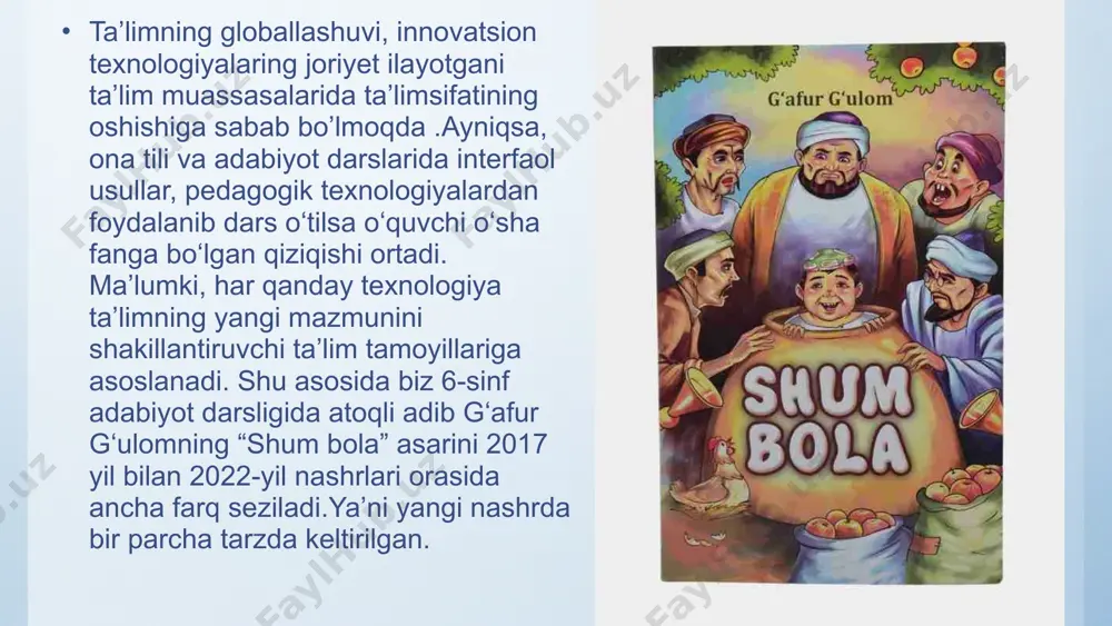 ”, “qora po‘stakdan burga qidirish qiyin’’, “ikki quyonni quvlagan birisini ham tutolmas”.mazkur maqol va iboralar o‘z o‘rnida mohirlik bilan qo‘llanganki, ulardan birortasini olib tashlab, boshqasiga almashtirib bo‘lmaydi.xulosa qilib aytganda, g‘afur g‘ulom asarlarini o‘rganishda yuqoridagidek ilg‘or pedagogic va axborot-kommunkatsion texnalogiyalardan unumli foydalanish maqsadga muvofiqdir. bu o‘quvchilarning darsni yaxshi o‘zlashtirishlariga, adabiyotga bo‘lgan qiziqishlarining o‘sishiga zamin yaratadi. image2.jpg image4.png image5.png image6.png image7.png image8.png image9.png image10.png image1.jpg /docprops/thumbnail.jpeg