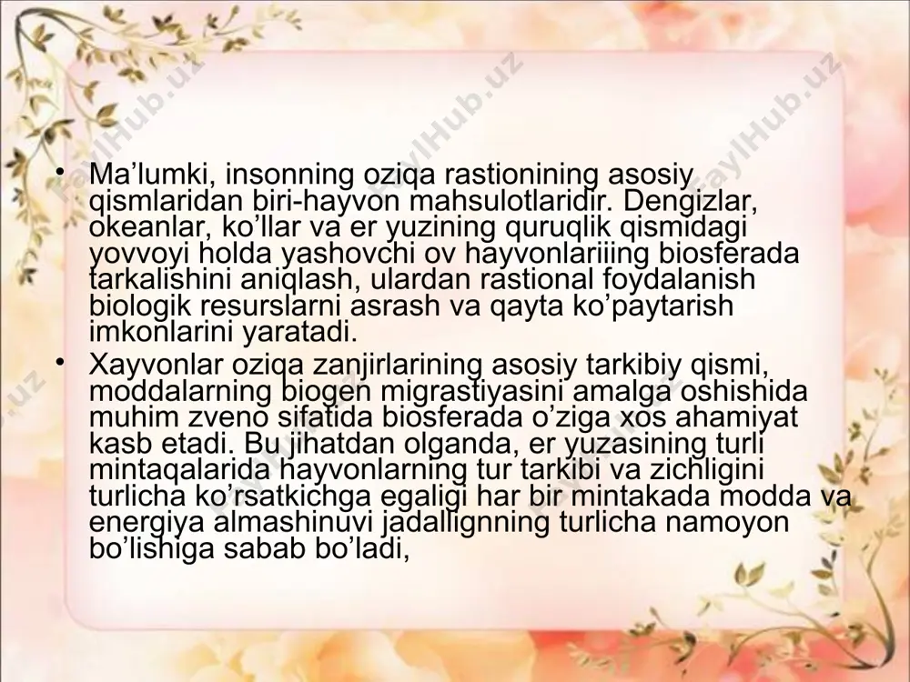 okeanlarda 160 mim turdagi hayvonlar yashaydi. ulariing 16 mingini baliklar, 10 mingini mollyuskalar, 20 mingini kiskichbaqalar, 15 mingini sodda hayvonlar (asosan radiolyariya va foraminiferalar), i mingini bo’shliqichlilar va boshqalar tashkil etadi. umurtqalilardan baliqlar bilan bir qatorda toshbaqalar ilonlar, sut emizuvchilarning yuzdan ortiq turlar (kitsimonlar, kurakoyoqlilar) yashaydi. okeanlar bilan 241 turdagi suv qushlarining hayoti bog`liqdir (pingvinlar buronqushlar, baliqchilar va boshkalar).