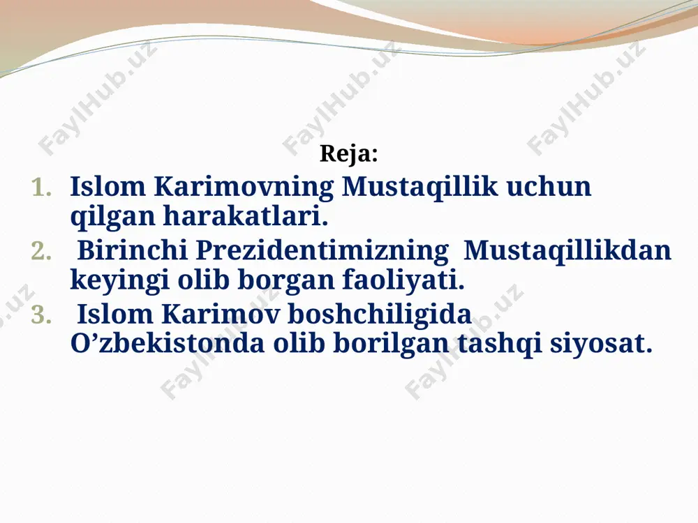 urolli kuchlar tashkil etildi. milliy valyutamiz – soʻm joriy etildi va oltin-valyuta zaxiralarimiz shakllantirildi. o‘zbekistonning suvereniteti va mustaqilligini saqlash va mustahkamlash prezident islom karimov uchun hamisha eng oliy ustuvor vazifa bo‘lib keldi va u olib borgan siyosatning asosiy o‘zak tamoyili bo‘lib qoldi. yurtboshimiz tomonidan mashhur besh tamoyil asosida butun dunyoda taraqqiyotning “o‘zbek modeli” deb e’tirof etilgan o‘zbekiston iqtisodiyotini tubdan isloh etish va tarkibiy o‘zgarishlarni amalga oshirish dasturi ishlab chiqildi. bu modelning tub negizini “islohot – islohot uchun emas, avvalo inson uchun” degan strategik yo‘nalishni amalga oshirish tashkil etadi. islom karimov boshchiligida o’zbekistonda olib borilgan tashqi siyosat islom karimov tashqi siyosatda turli qudrat kuchlari orasida mahoratini ko'rsatdi. 1994 yilda o'zbekiston mdh davlatlari kollektiv xavfsizlik sharnomasi tashkilotiga kirdi, biroq 1999 yilda undan chiqib ketdi. 2001 yilda o'zbekiston shanxay hamkorlik tashkilotiga a'zo bo'ldi 2001-yilning o'zida aqshga o'zining hududida harbiy baza ochishga ijozat berib, natoning afg'onistondagi amaliyotlarini quvvatladi. aqsh mudofaa vaziri donald ramsfeld va …