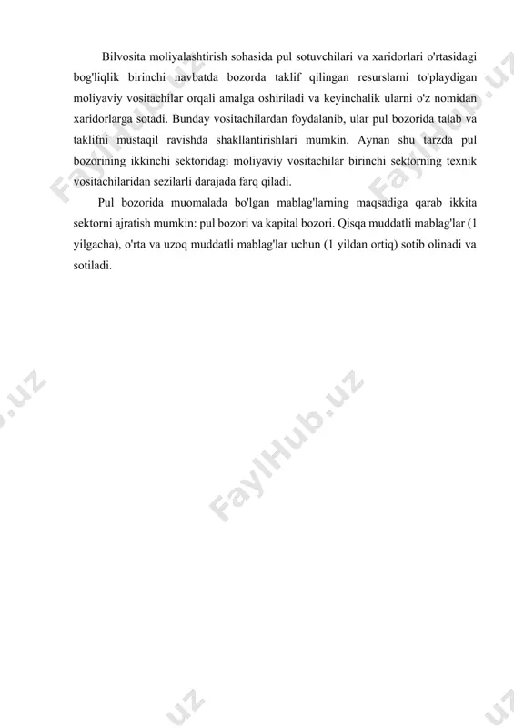 · pul bozori · banklararo bozor · buxgalteriya bozori · valyuta bozori · hosilalar bozori yoqilgan pul bozori pul tovar (moliyaviy aktiv) shaklida muomalada bo'ladi. ushbu mahsulot moliya institutlari tomonidan to'planadi (to'planadi) va korxonalar va tashkilotlarning joriy faoliyati va jismoniy shaxslar uchun qarzga aylantiriladi. yig'ish bo'sh pulni qisqa muddatli sarmoyalari orqali amalga oshiriladi. yoqilgan banklararo bozor banklar bir-birlariga banklararo depozitlar shaklida bir oy, uch oy va olti oy, kamroq bir yildan ikki yilgacha va juda kamdan-kam besh yilgacha qarz berishadi. banklar qarz mablag'larini quyidagilarga yo'naltiradi: · qisqa muddatli, o'rta muddatli va uzoq muddatli investitsiyalar · qoldiqlarni tartibga solish · joriy majburiyatlarni bajarish uchun zarur bo'lgan likvidlikni qo'llab-quvvatlash · davlat nazorat organlari talablariga muvofiqligi yoqilgan buxgalteriya bozori qisqa muddatli qimmatli qog'ozlar savdosi. yoqilgan valyuta bozori korxonalar va tashkilotlar tashqi savdo majburiyatlari bo'yicha xalqaro to'lovlarni chet el valyutasida amalga oshiradilar. 2.pul bozori funktsiyalari · ijtimoiy ishlab chiqarish sohasidagi pullarning to'planishi va yo'nalishi …