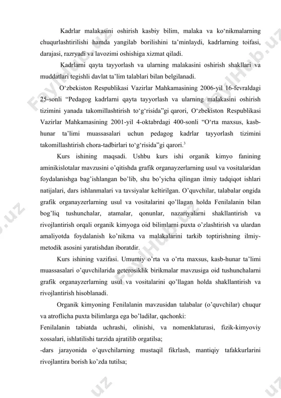 lishi. kurs ishi an’anaga ko’ra kirish, i bob adabiyotlar sharhi, ii bob tajriba qismi, iii bob olingan natijalar tahlili, xulosa va foydalanilgan adabiyotlar qismidan iborati bo’lib, times new roman bosma taboqda, 14 o’lcham va 1,5 intervallarda yozilgan. kurs ishining hajmi 45 sahifadan tashkil topgan. 5 ta adabiyotlar ro’yxatidan tashkil topgan. kurs ishining yangiliklari. 1.fanning mavzulari hozirga qadar anʼanaviy usulda oʻrganilib kelingan va kurs ishini bajarish jaraynida yangi oʻqitish usullarini qoʻllangan holda oʻqitish tavsiya etilayapti. 2.mavzular boʻyicha nazorat savollarini tuzish, mavzularni oʻqitish metodikasi boʻyicha ishlanmalar birinchi marta amalga oshirish. 3.“fenilalanin” mavzusini organik kimyoda qanchalik muhim o’rin tutishini, bu nazariya tarixi va kelib chiqishini o’rganib hozirgi zaman organik kimyosida qo’llab, yangi texnologiyalar yaratish. asosiy qism aminokislotalar haqida umumiy ma’lumot organik kimyo organik moddalar deb ataluvchi uglerodning birikmalari kimyosini o‘rganuvchi fundamental fanlar jumlasiga kiradi. organik kimyo faniga uglevodorodlar va ularning hosilalari kimyosi deb ham qarash mumkin. bu tushuncha organik kimyo fanini birmuncha to‘liq …