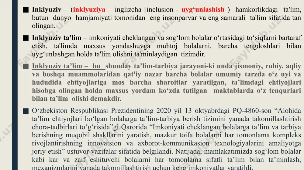 aqsh va yaponiyada parallel ravishda amalga oshirildi. 1970-yillarda skandinaviyada "normallashtirish" tamoyili qabul qilindi, bu nogiron kishilarga "kundalik hayot kechirishga va oddiy jamiyatda yashash sharoitlariga imkon qadar yaqin sharoitlarda yashashga"imkon berdi. inklyuziv ta'lim tamoyillari inklyuziv ta'lim, barcha ishtirokchilar birgalikda maqsadli faoliyat olib borgandagina, samarali natijalarga erishadi. ya'ni: oila- ota-ona farzandining ijtimoiy hayotga erta va samarali moslashishi uchun o‘z tengqurlari bilan ta'lim olishi zarurligini anglashi va har tomonlama tayyor bo‘lishi kerak. mahalla –o‘z navbatida aholini imkoniyati cheklangan bolalarga ijobiy munosabatda bo‘lishini tarbiyalashi, oilani ijtimoiy qo‘llab-quvvatlashi lozim. maktab jamoasi - imkoniyati cheklangan bolalarga ta'lim berishga tayyor bo‘lishi, ularni qabul qilish uchun shart-sharoitlar yaratishi lozim. sinfdoshlar- sog‘lom o‘quvchilar imkoniyati cheklangan bolalarni o‘z saflariga qabul qilishga tayyor bo`lishlari kerak. mutaxassislar- maktabga kelgan o‘quvchini birinchi navbatda o‘qituvchi, psixolog, maktab shifokori, defektolog (logoped) qo‘llab-quvvatlab, ta'limga to‘g‘ri yo‘naltirishlari lozim. sog‘liqni saqlash tizimi klinik tashxis qo‘yadi, muntazam davolash-profilaktika ishlarini olib boradi. xalq ta'limi tizimi o‘quvchini ta'lim olishi uchun shart-sharoitlar …