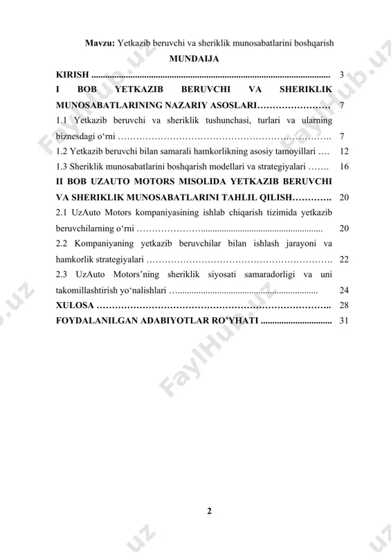 ikni ta'minlashda yetkazib beruvchilar bilan sheriklik munosabatlarini samarali boshqarish alohida o‘rin tutadi. ayniqsa, avtomobil sanoati kabi texnik jihatdan murakkab va yuqori raqobatga ega bo‘lgan sohalarda yetkazib beruvchilar bilan o‘zaro mustahkam sherikliklar o‘rnatish orqali kompaniyalar nafaqat sifatli mahsulotlar ishlab chiqarish, balki bozor talabiga tez moslashish imkoniyatiga ega bo‘lishadi. o‘zbekistonning yirik avtomobil ishlab chiqaruvchisi bo‘lgan uzauto motors kompaniyasi, o‘z faoliyatini kengaytirish va raqobatbardoshligini oshirish uchun yetkazib beruvchilar bilan mustahkam va samarali sheriklik munosabatlarini boshqarish zarurligini anglagan. shu sababli, bu mavzu o‘zbekiston avtomobil sanoatining rivojlanishi va global bozorga integratsiyasida dolzarb masala hisoblanadi. ushbu ishda uzauto motorsning yetkazib beruvchilar bilan sheriklikni qanday samarali boshqarayotganligi va bu boshqaruvning qanday natijalar berganini tahlil qilish muhimdir. kurs ishi ahamiyati - o‘rganilayotgan masalaning amaliyotdagi ahamiyatidan kelib chiqadi. sanoat va ishlab chiqarish sohalarida samarali boshqaruv tizimlari va ilg‘or texnologiyalarni qo‘llash o‘zgaruvchan global iqtisodiyot sharoitida kompaniyaning barqarorligini ta’minlashda muhim rol o‘ynaydi. uzauto motors kabi yirik ishlab chiqaruvchi kompaniyalar uchun samarali …